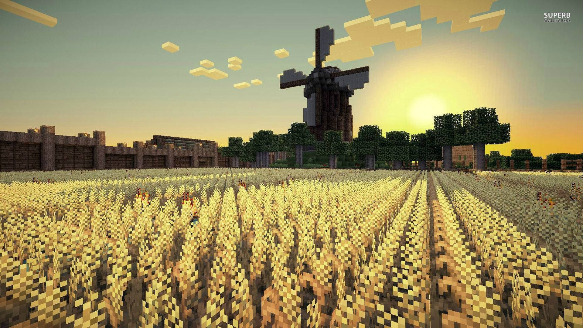 Minecraft麥田與風車夕陽 — 我的世界 壁紙