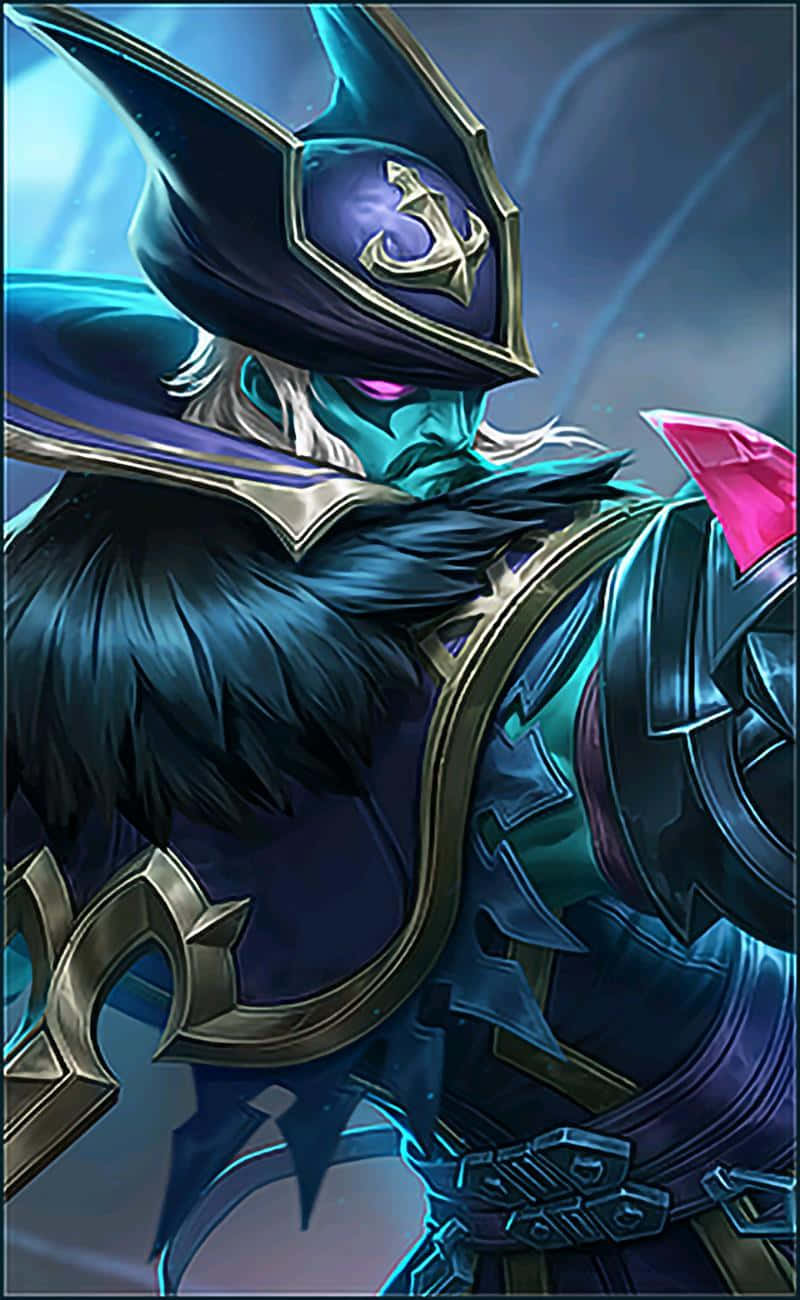 在《Mobile Legends》的宏大戰場中指揮你的戰士軍團 壁紙 — 一個身穿華麗暗色盔甲、擁有發光紫色眼睛、頭戴飾有船錨徽章的尖帽子的威嚇性奇幻戰士。