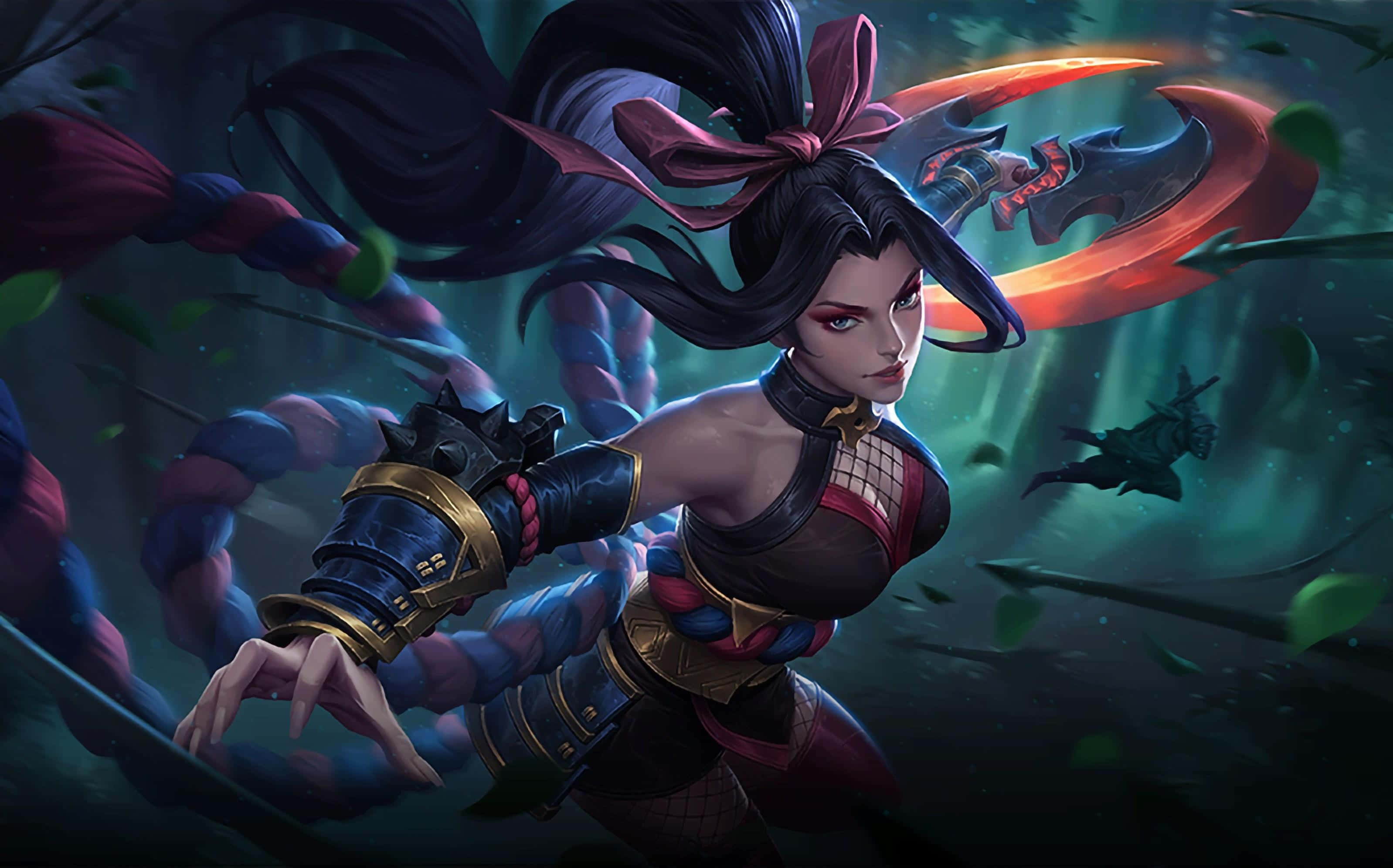 在《Mobile Legends》中登上戰鬥王座 壁紙 — 一位兇猛的動漫戰士，黑髮紅弓，在迷霧森林中揮舞著發光的彎曲刀刃。
