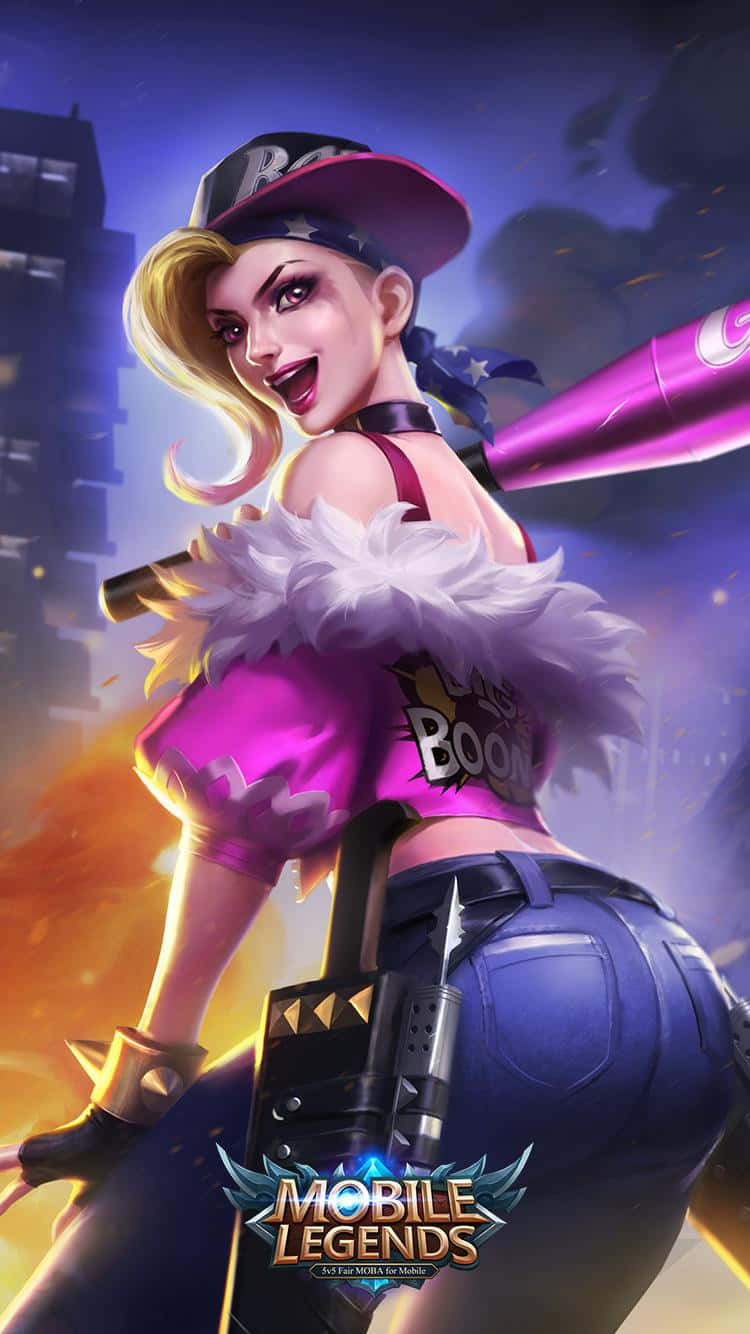 在《Mobile Legends》中征服戰場！ 壁紙 — 一位充滿活力的動漫風格女玩家，身穿粉紅色服裝，在熾熱的城市背景下揮舞著發光的球棒。