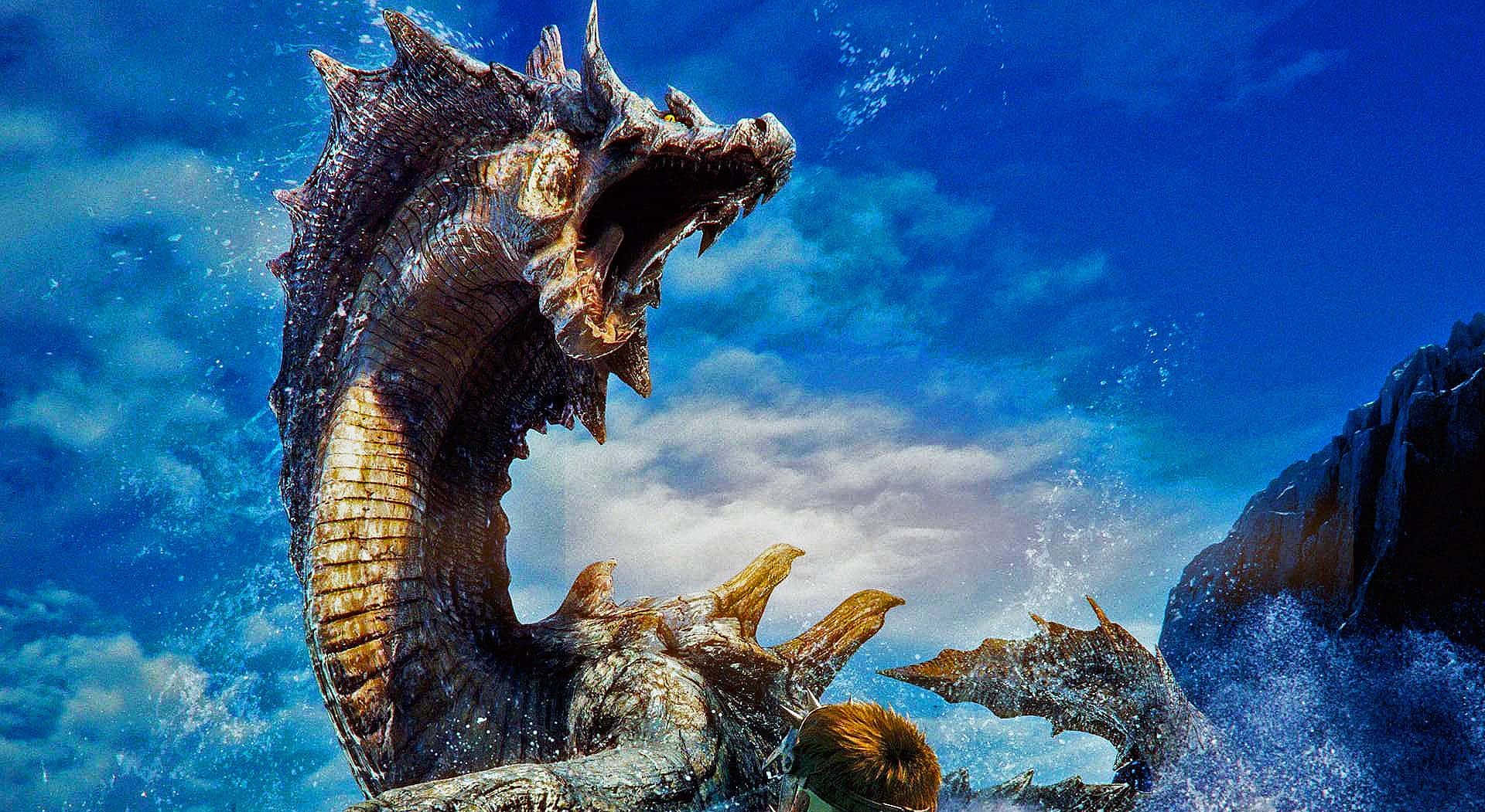 一隻巨大的海龍從海洋中出現，周圍水花四濺。