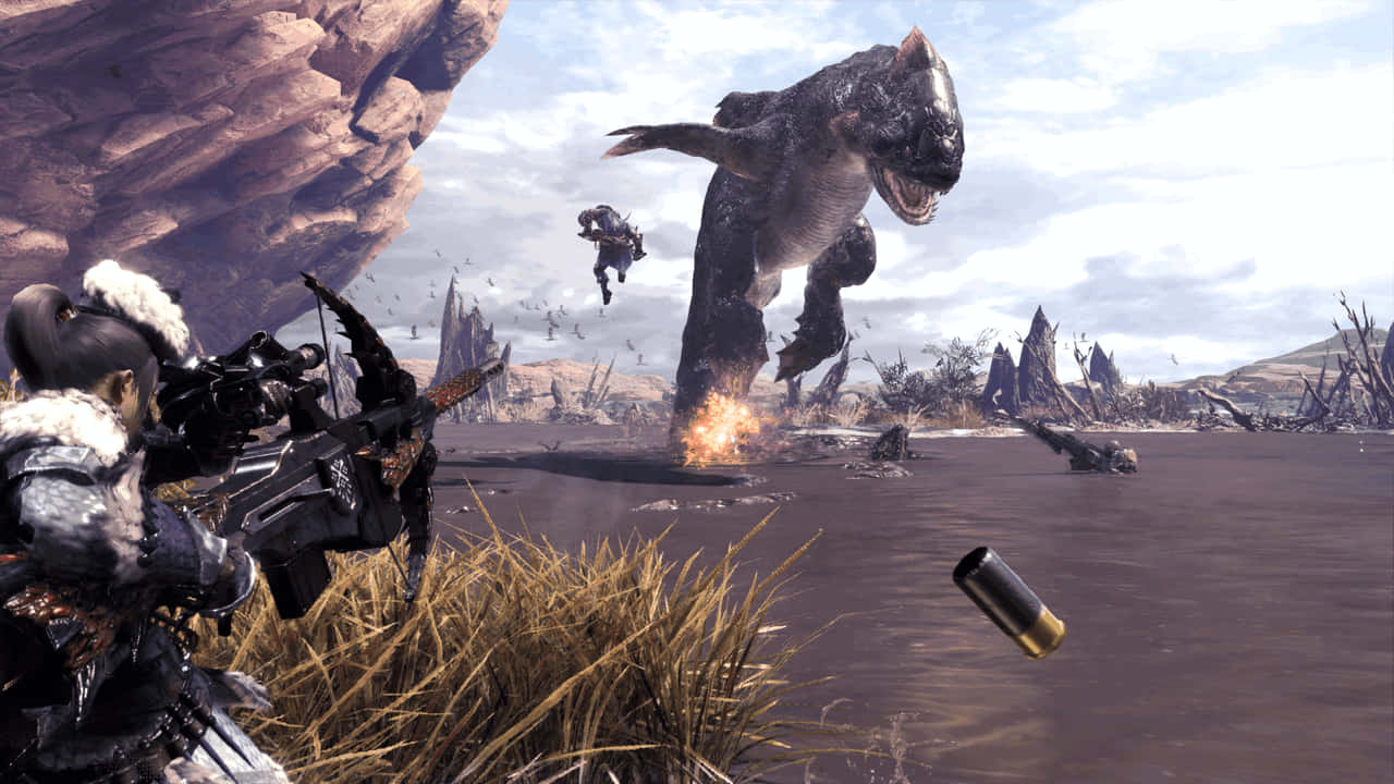 在《Monster Hunter World》中獵殺怪物 壁紙 — 一位身穿毛皮襯裡盔甲的獵人，在荒涼的岩石景觀中，瞄準一隻跳躍的怪獸，並有一隻飛行夥伴。