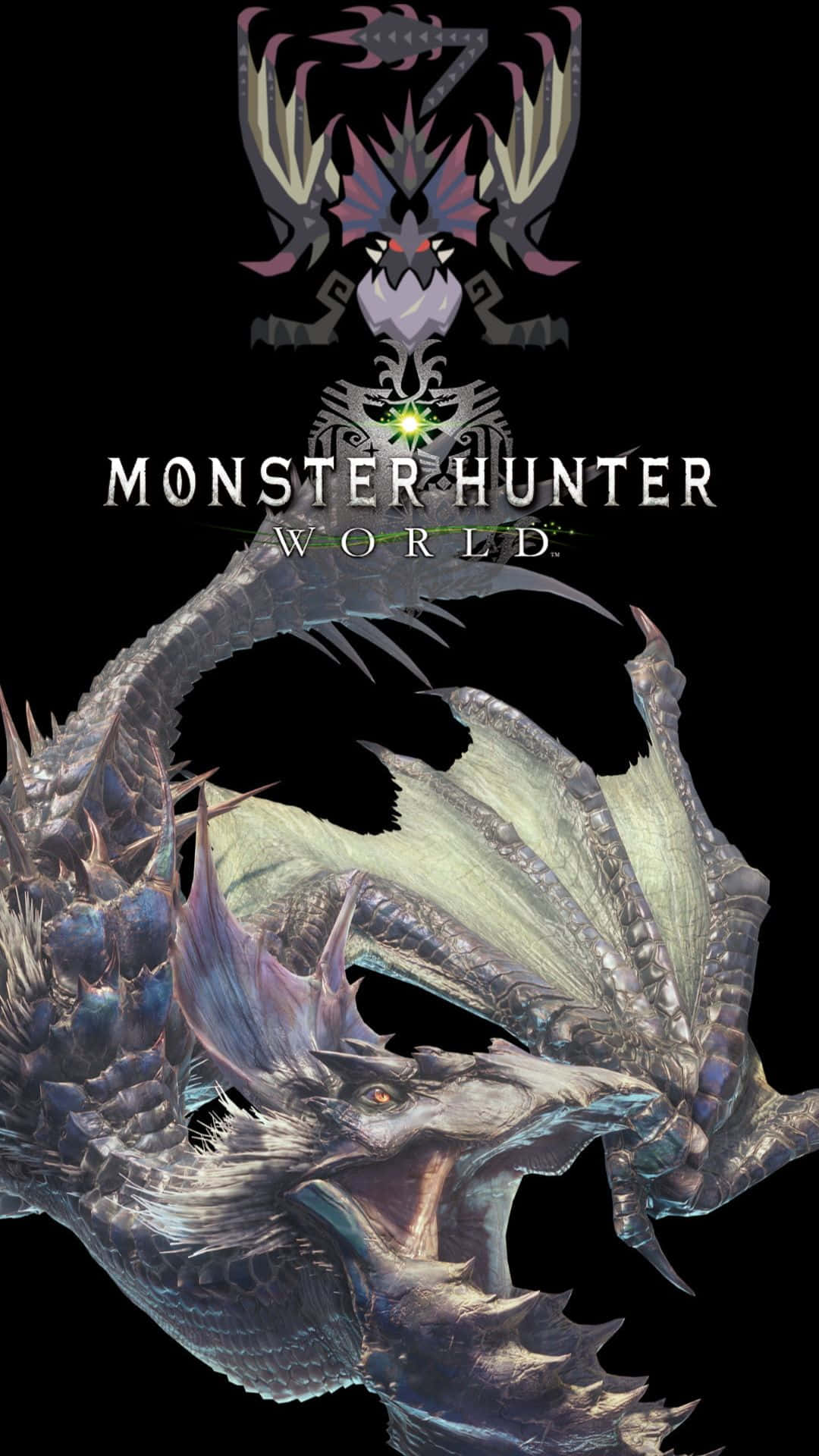 來自Monster Hunter World的兇猛巨龍，擁有發光的眼睛和尖刺鱗片。