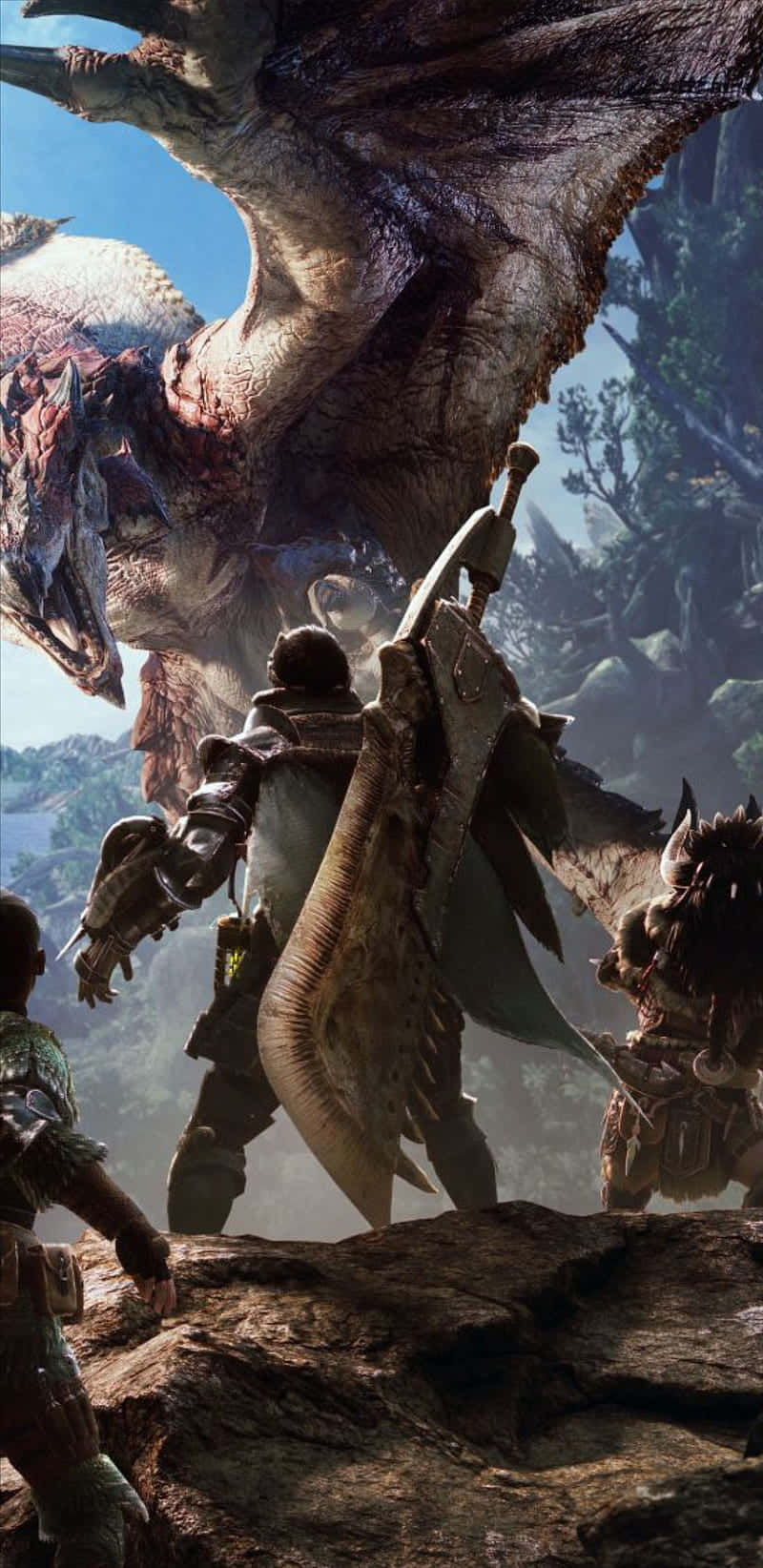 在《Monster Hunter World》中眺望地平線 壁紙 — 一位獵人手持巨劍，挑釁地站在岩石懸崖上，面對著陽光照耀的山區荒野中一隻巨大的有翼怪物。