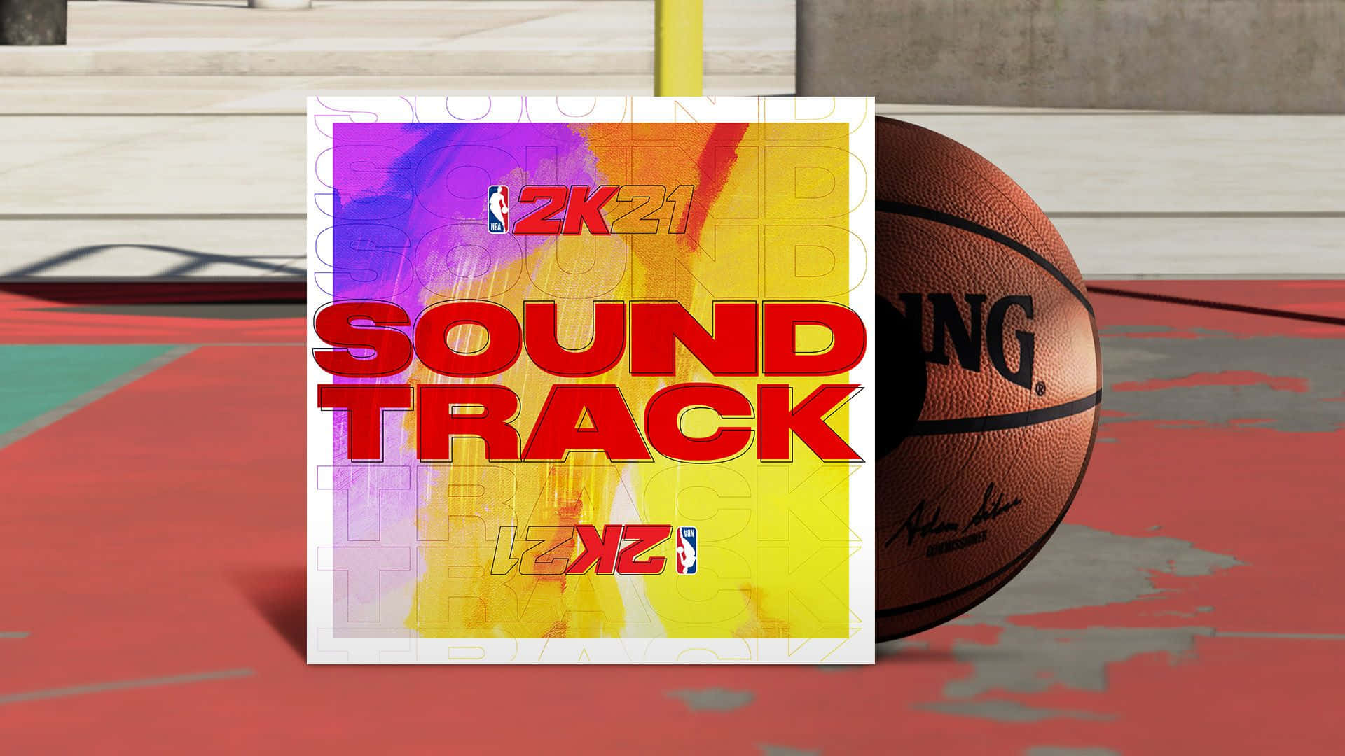 在 NBA 2K21 中解鎖你的終極球員！ 壁紙 — 一張色彩鮮豔的NBA 2K21原聲帶專輯封面放在一個風化的籃球場上，旁邊有一個Spalding籃球。