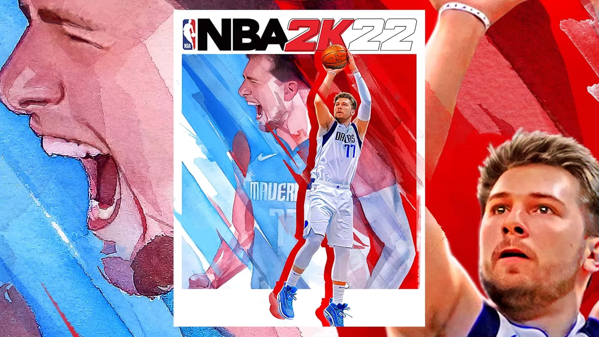 NBA 2K22電子遊戲封面，籃球運動員投籃，水彩風格肖像