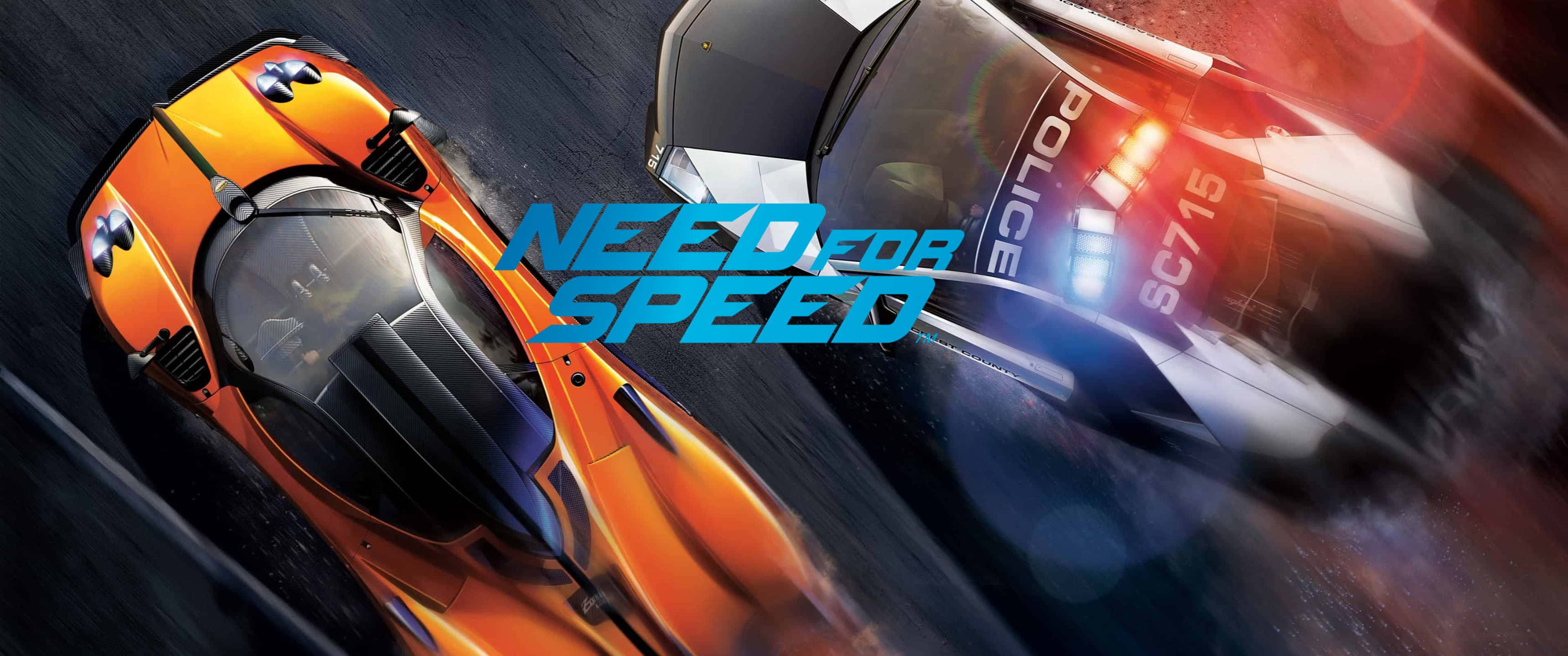 在《Need For Speed》中衝向勝利 壁紙 — 一輛橙色跑車在高速追逐場景中，飛馳而過一輛閃著燈光的警車。