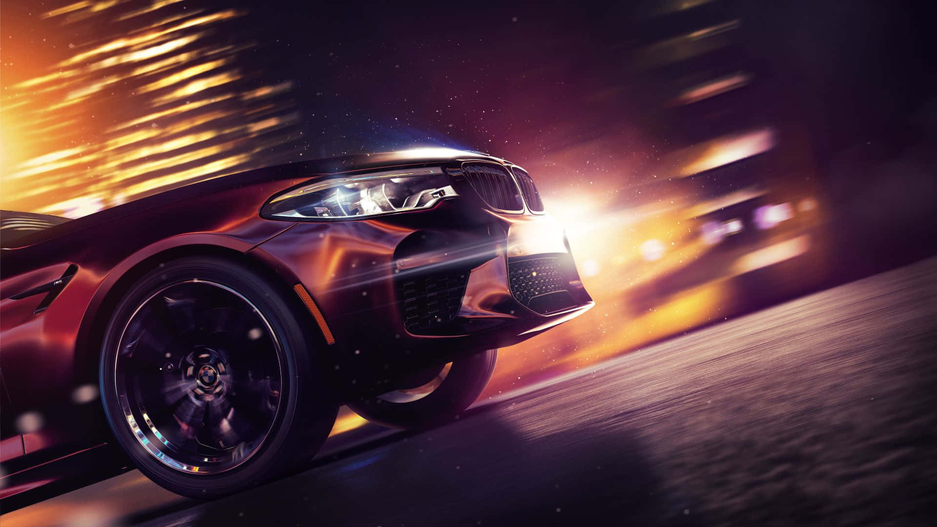 在《Need for Speed Payback》中主宰街道 壁紙 — 一輛時尚的紅色跑車在發光的城市夜晚中疾馳，帶有動態模糊和火熱的光條。