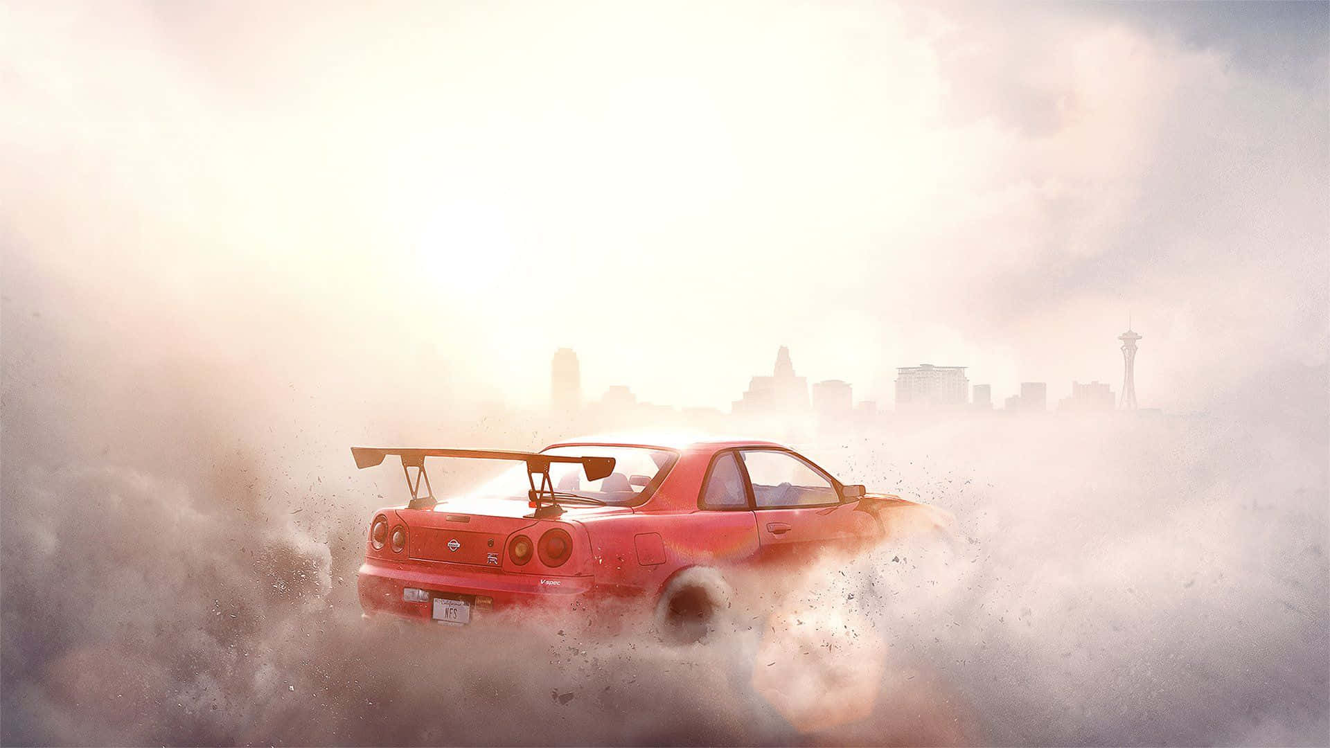 在《Need for Speed Payback》中感受賽車的刺激 壁紙 — 一輛紅色跑車在塵埃中飄移，背景中可見模糊的城市天際線和太空針塔。