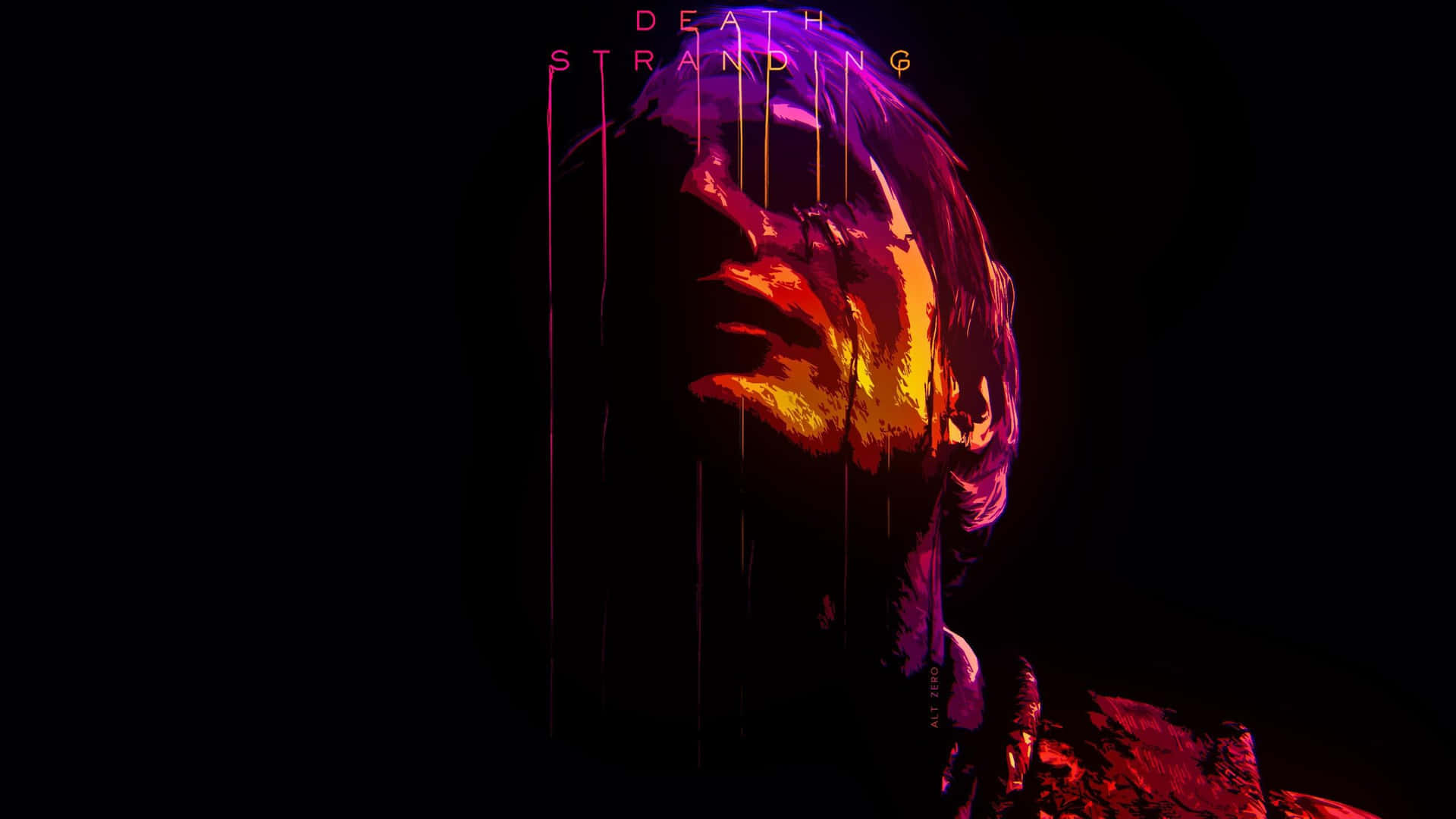 一個發光的臉孔，帶有霓虹滴落和文字「DEATH STRANDING」，背景為黑色。