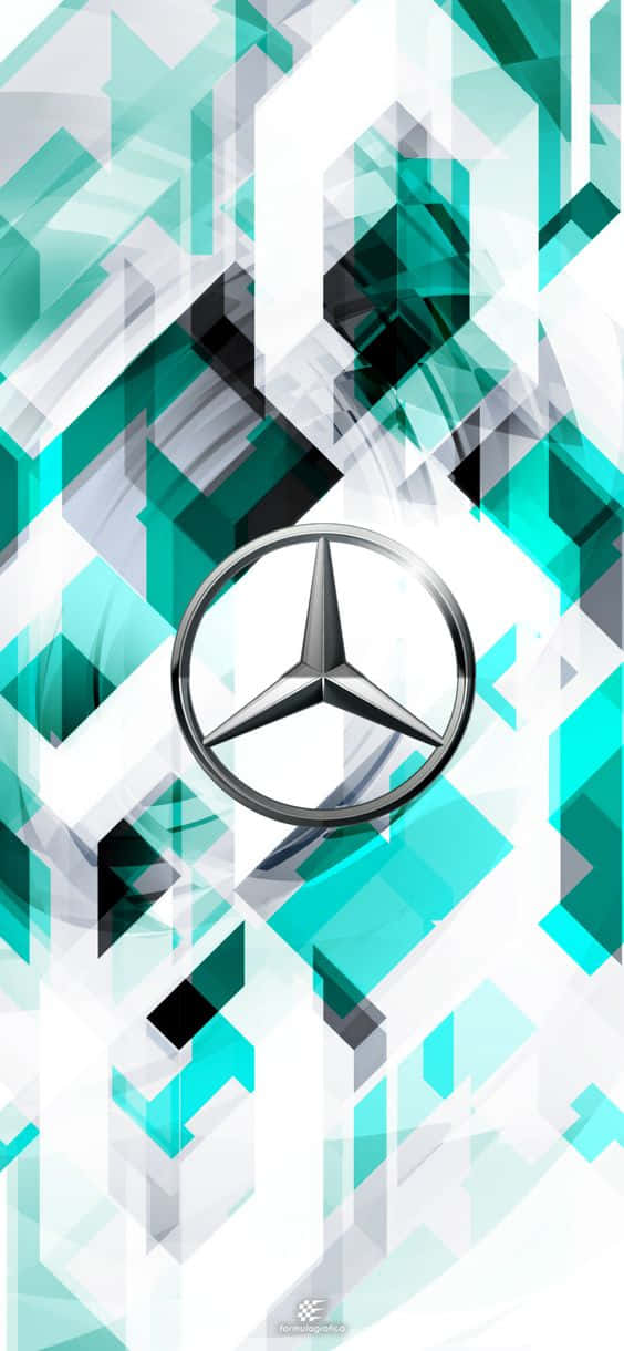 在 Pixel 3 Grid Autosport 中與對手競速 壁紙 — 一個時尚的 Mercedes-Benz 標誌，置於由青綠色、白色和黑色碎片組成的動態幾何圖案中央。