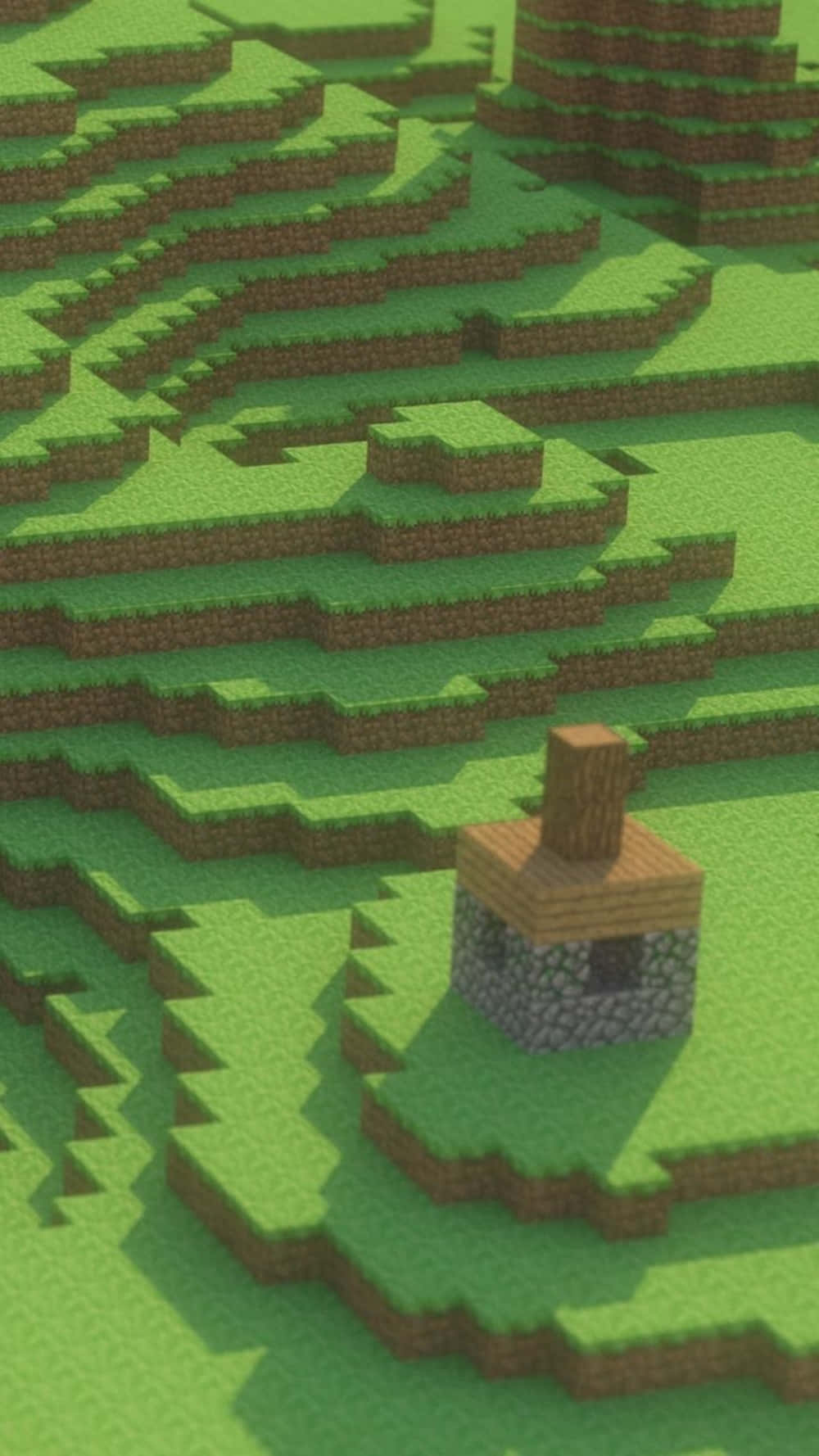 一個帶木屋頂的小石屋坐落在Minecraft風格世界的塊狀綠色山丘上。