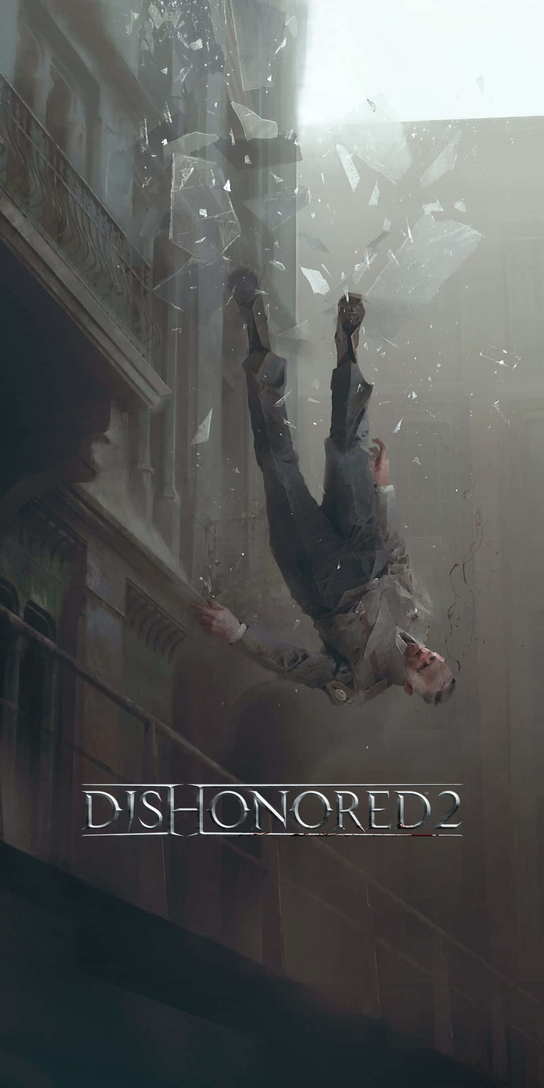 在 Pixel 3 上挑戰敵人：Dishonored 2 壁紙 — 一名身穿西裝的男子在光線昏暗、建築華麗的都市小巷中穿過破碎的玻璃墜落。