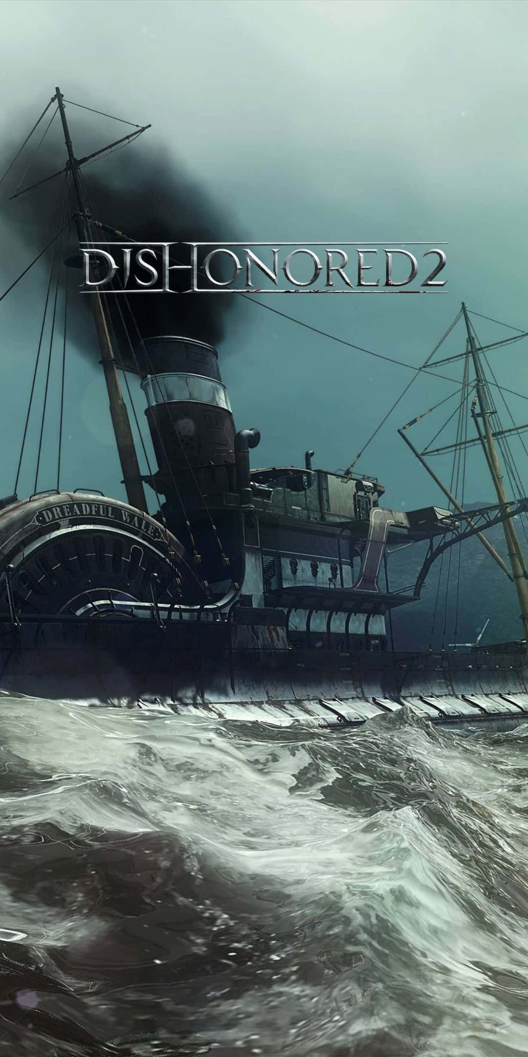 在 Pixel 3 上暢玩《Dishonored 2》 壁紙 — 一艘名為 Dreadful Bait 的骯髒蒸汽船在陰暗的天空下與洶湧的波濤搏鬥，這是一張電子遊戲宣傳圖片。