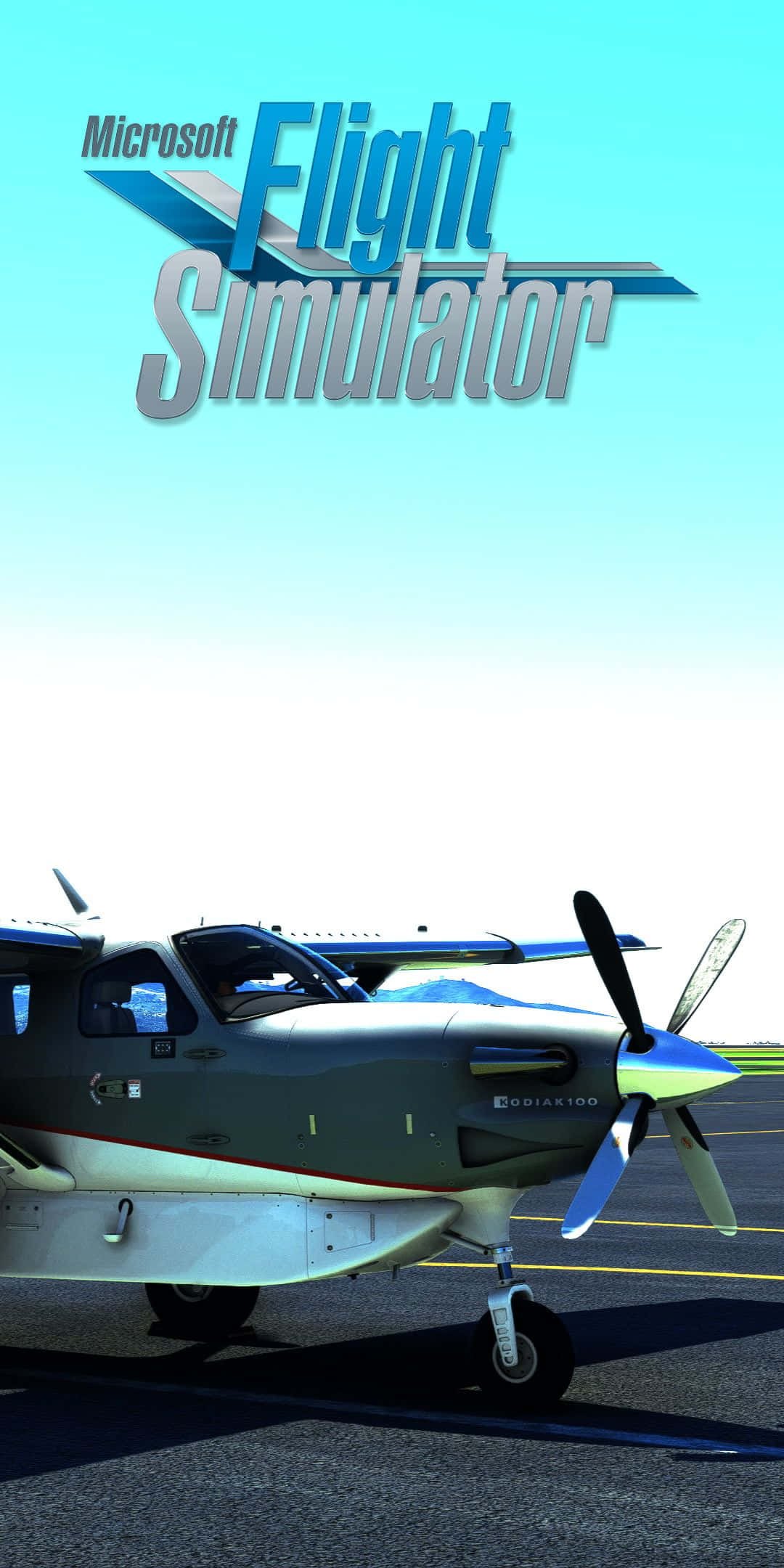 在 Pixel 3 上透過《微軟模擬飛行》探索世界 壁紙 — 一架灰色和白色的Cessna 172飛機停在跑道上，上方是晴朗的藍天，並帶有「Microsoft Flight Simulator」標誌。