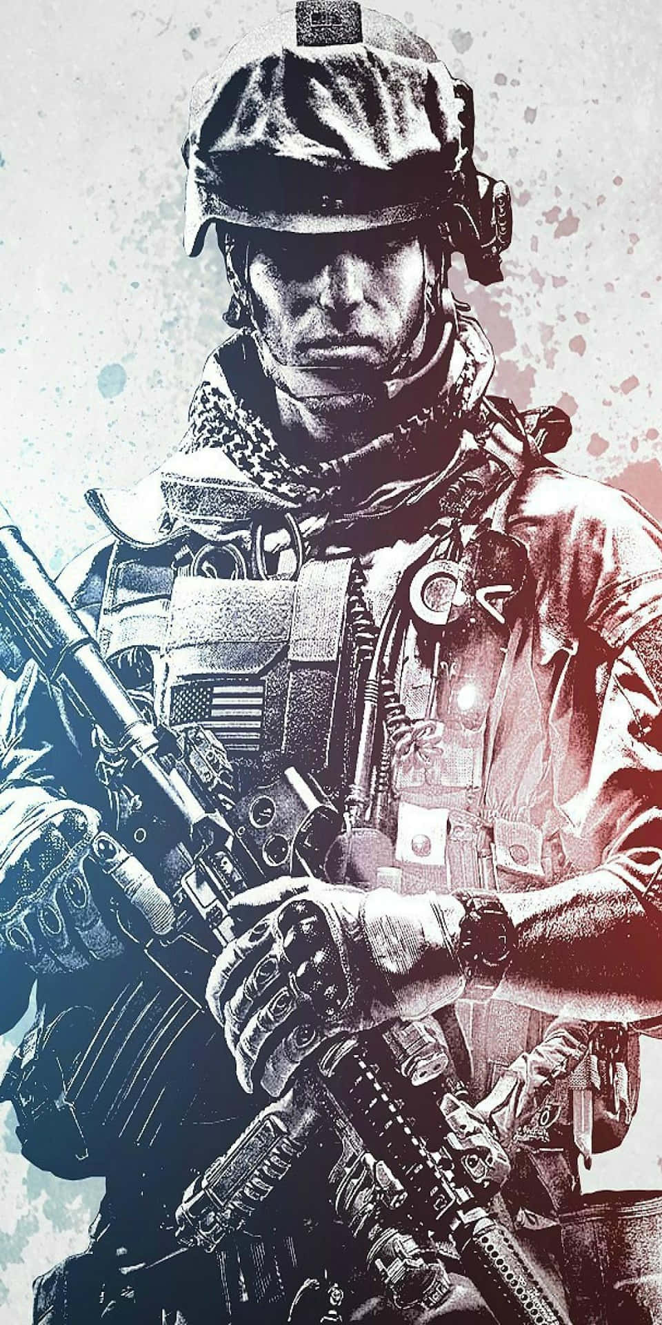 一名穿著戰鬥裝備的士兵在潑濺的背景中手持步槍。