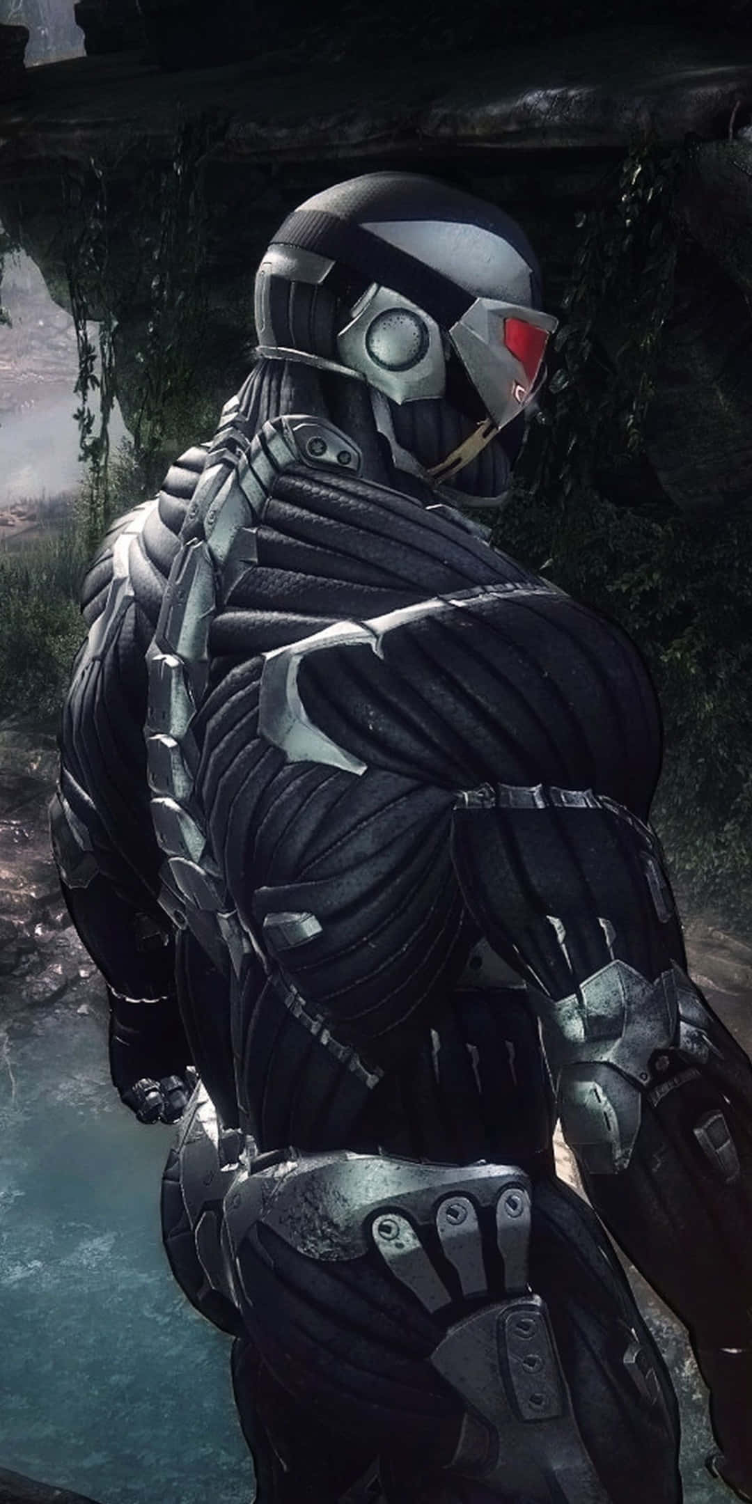在 Pixel 3 上體驗 Crysis 3 的刺激感 壁紙 — 一名身穿重型裝甲的未來戰士，眼睛發出紅光，站在溪流附近霧氣瀰漫的森林空地中。