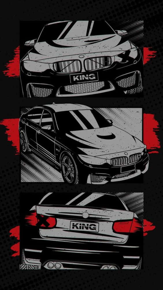 在 Pixel 3 上體驗 Grid Autosport 的引擎轟鳴 壁紙 — 三個風格化的漫畫面板展示了一輛黑色BMW，帶有「KING」車牌，從正面、側面和背面視角，背景為紅色飛濺效果。