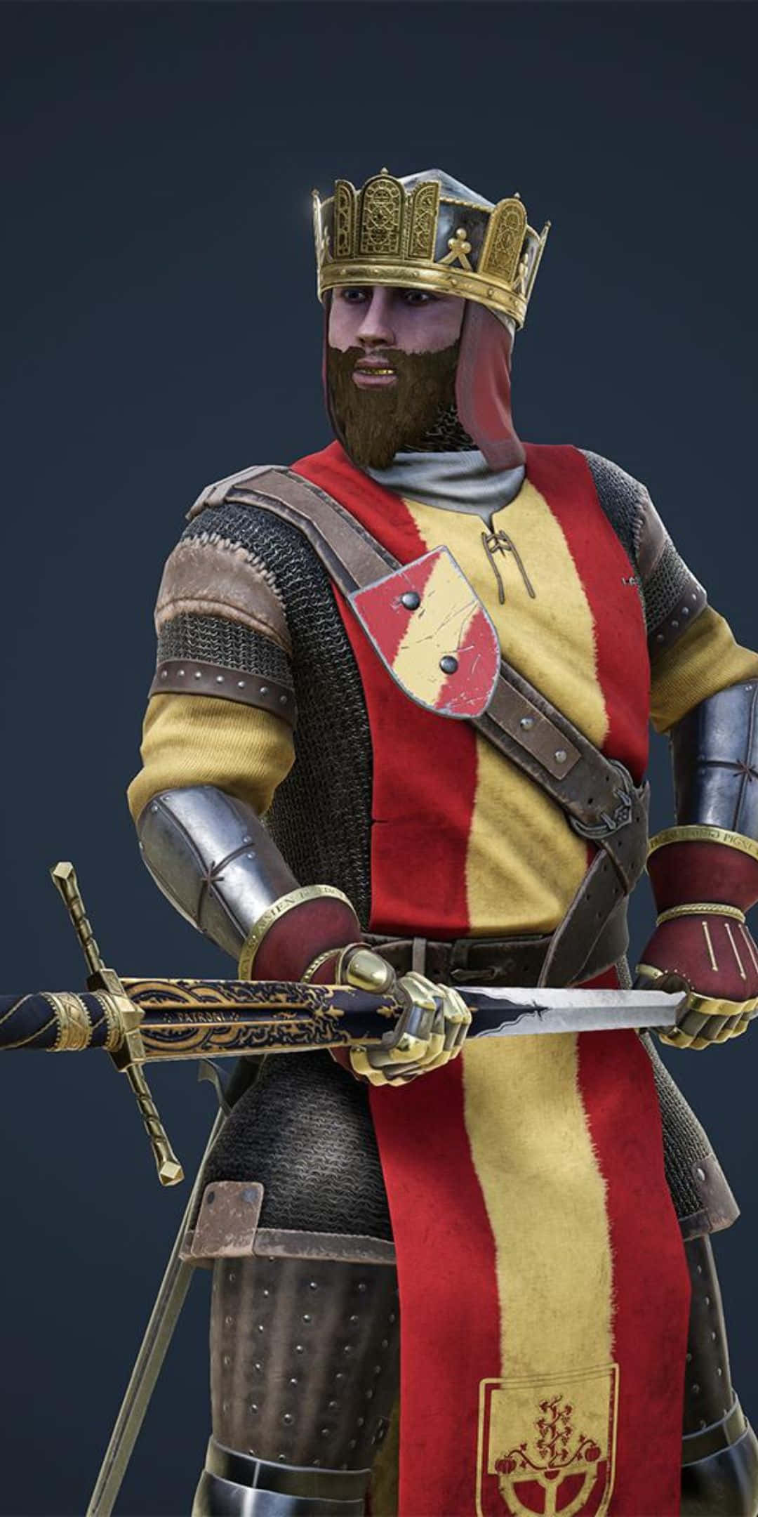 在 Pixel 3 上體驗《Mordhau》的壯烈戰爭 壁紙 — 一位威嚴的中世紀國王，身著華麗盔甲和皇冠，在黑暗背景中手持寶劍。