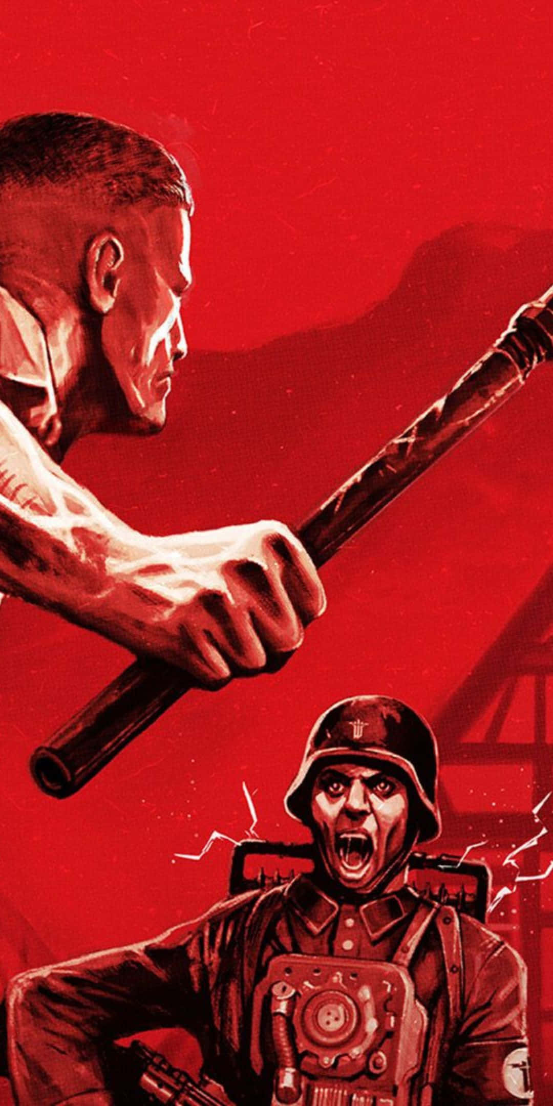 在 Pixel 3 上體驗 Wolfenstein II：新巨像的震撼動作劇情 壁紙 — 一名戴頭盔的士兵尖叫，另一名男子在血紅色背景下揮舞警棍。