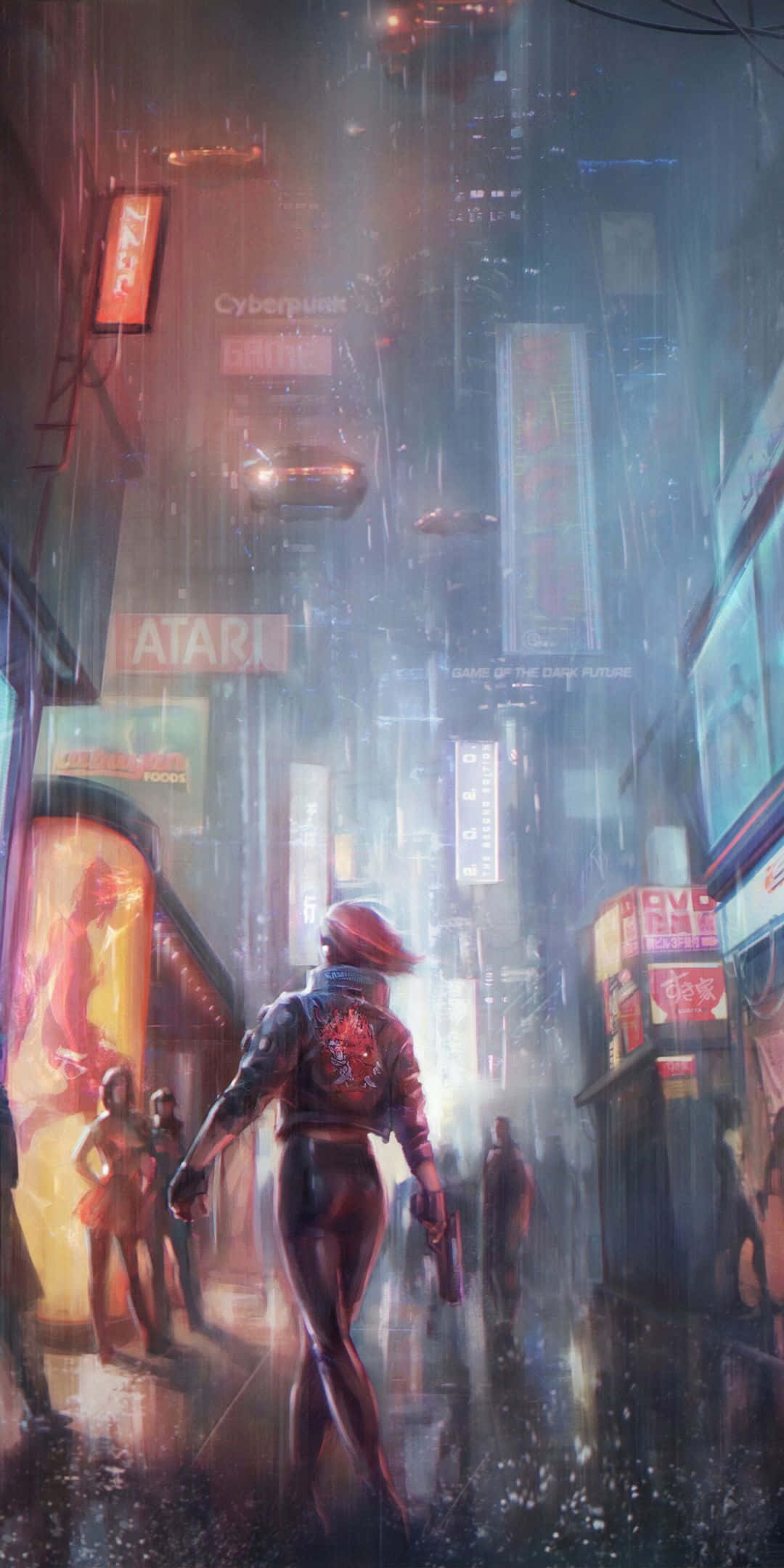 在 Pixel 3 上體驗《賽博朋克 2077》：成為夜之城傳奇 壁紙 — 一個孤獨的身影走過雨濕的霓虹燈科幻城市景觀，有飛車和發光的廣告牌。