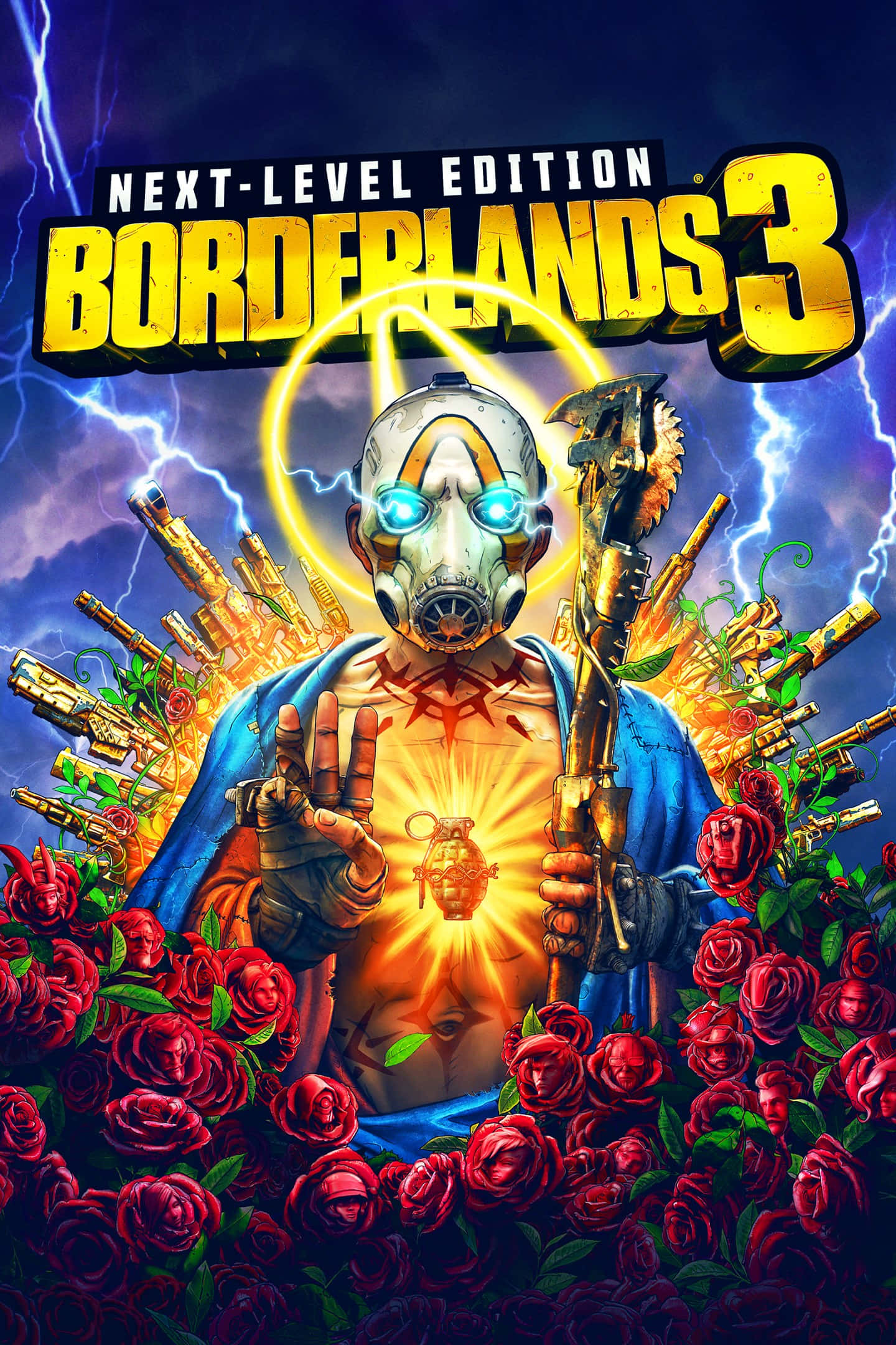 在 Pixel 3XL 上享受 Borderlands 3 壁紙 — 一位戴面具的戰士在暴風雨的天空下散發出金色光芒，周圍環繞著紅玫瑰和武器。