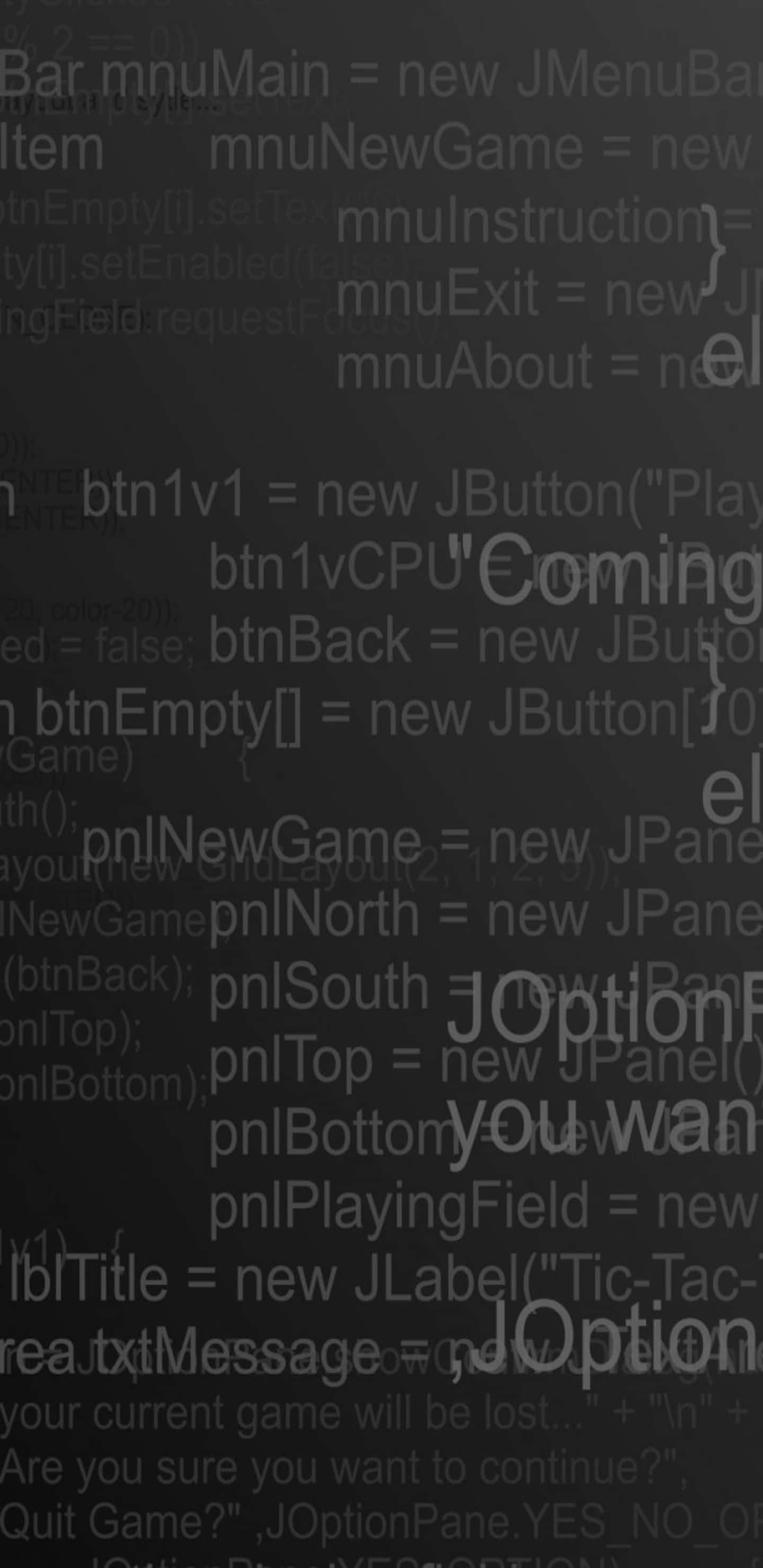 在 Pixel 3XL 上即時編程 壁紙 — 深灰色背景上覆蓋著微弱發光的 Java 程式碼片段和粗體的「Coming Soon」訊息。