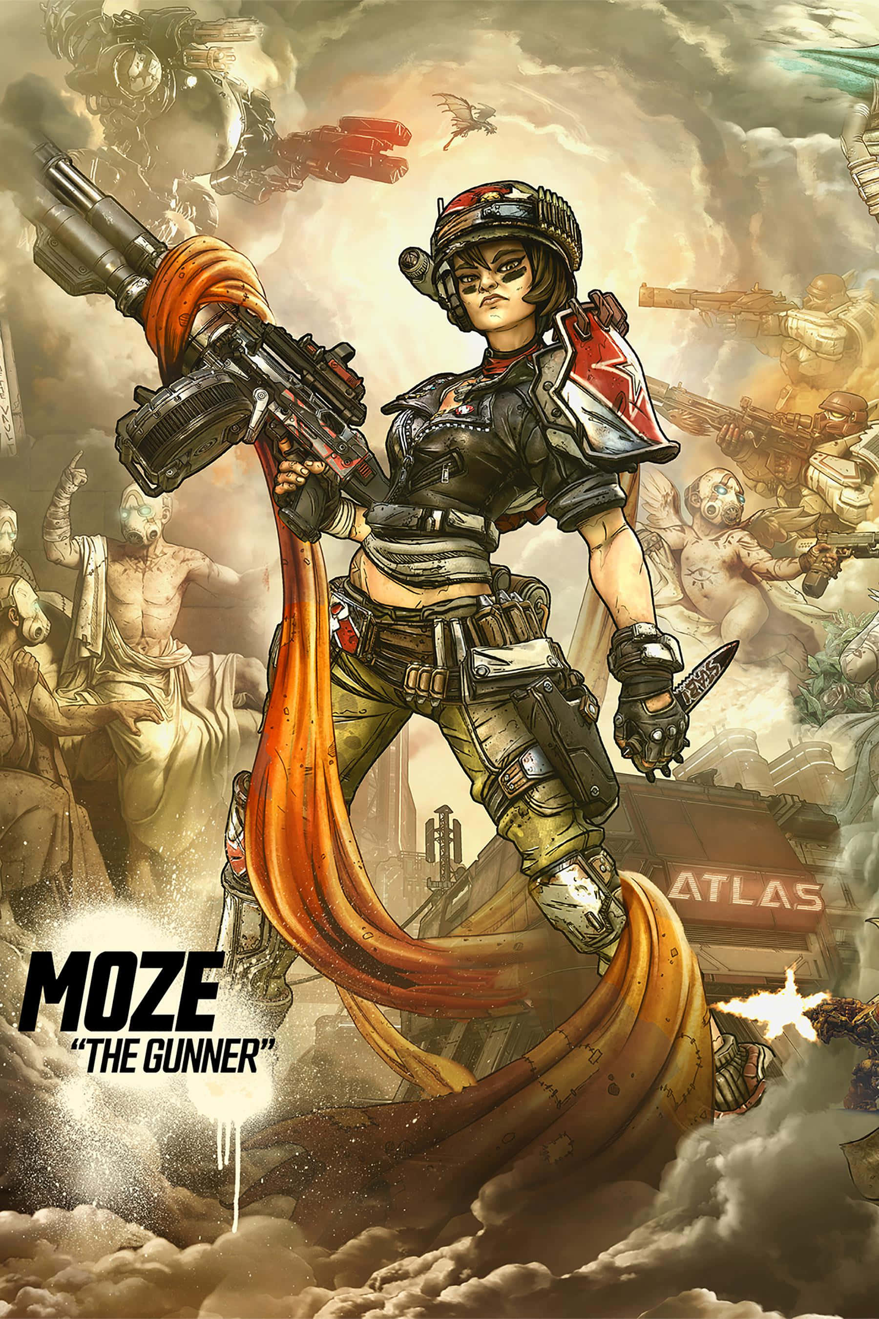在 Pixel 3XL 上成為 Borderlands 3 的世界主宰 壁紙 — 一位身穿未來裝甲的兇猛女槍手，在充滿飛行機器和爆炸的混亂戰場上揮舞著巨大的武器。