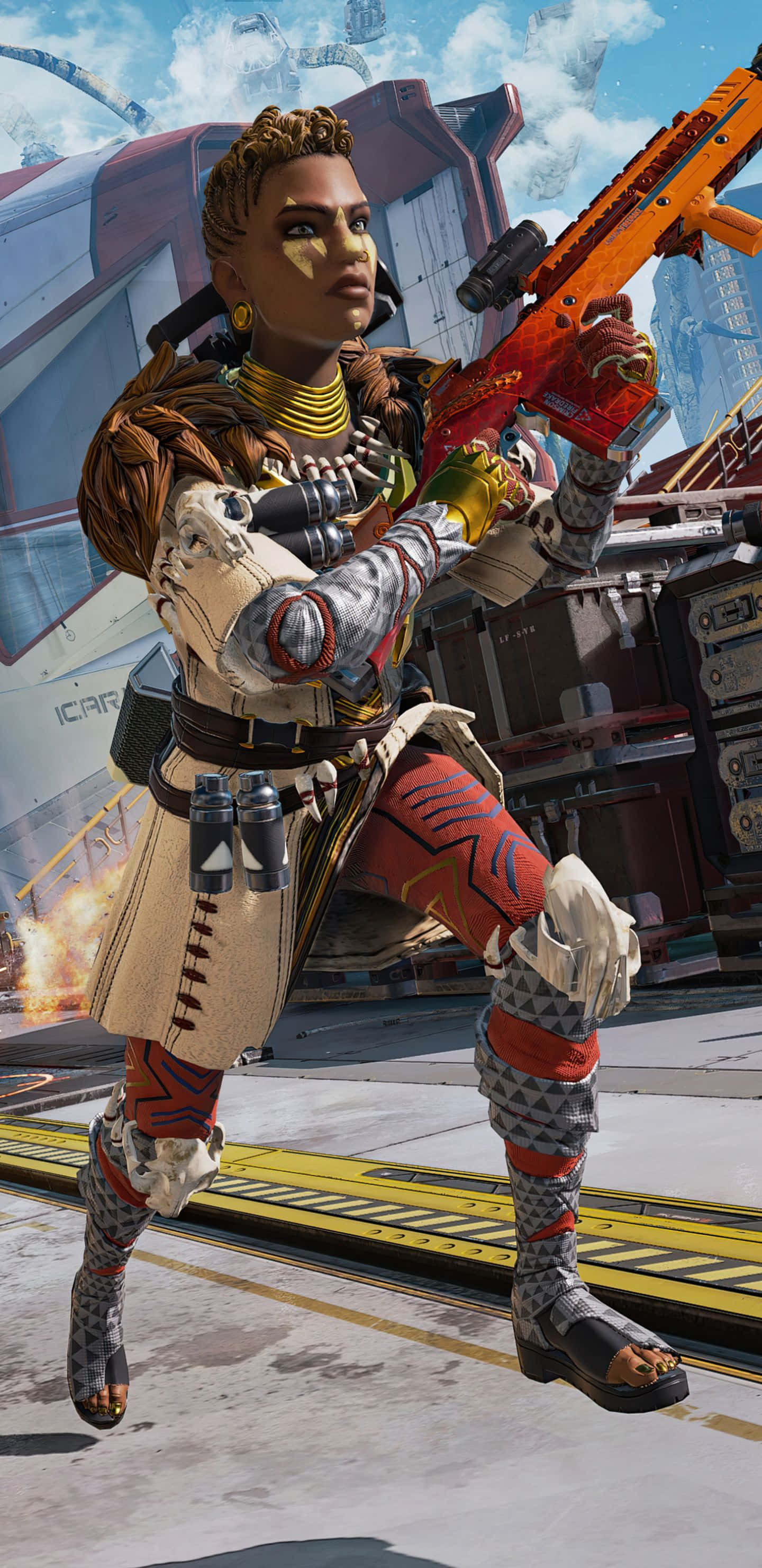 在 Pixel 3XL 上遊玩《Apex Legends》 壁紙 — 一名身穿未來裝甲的女戰士，在戰火摧殘的科幻城市景觀中瞄準一把發光的橙色步槍。