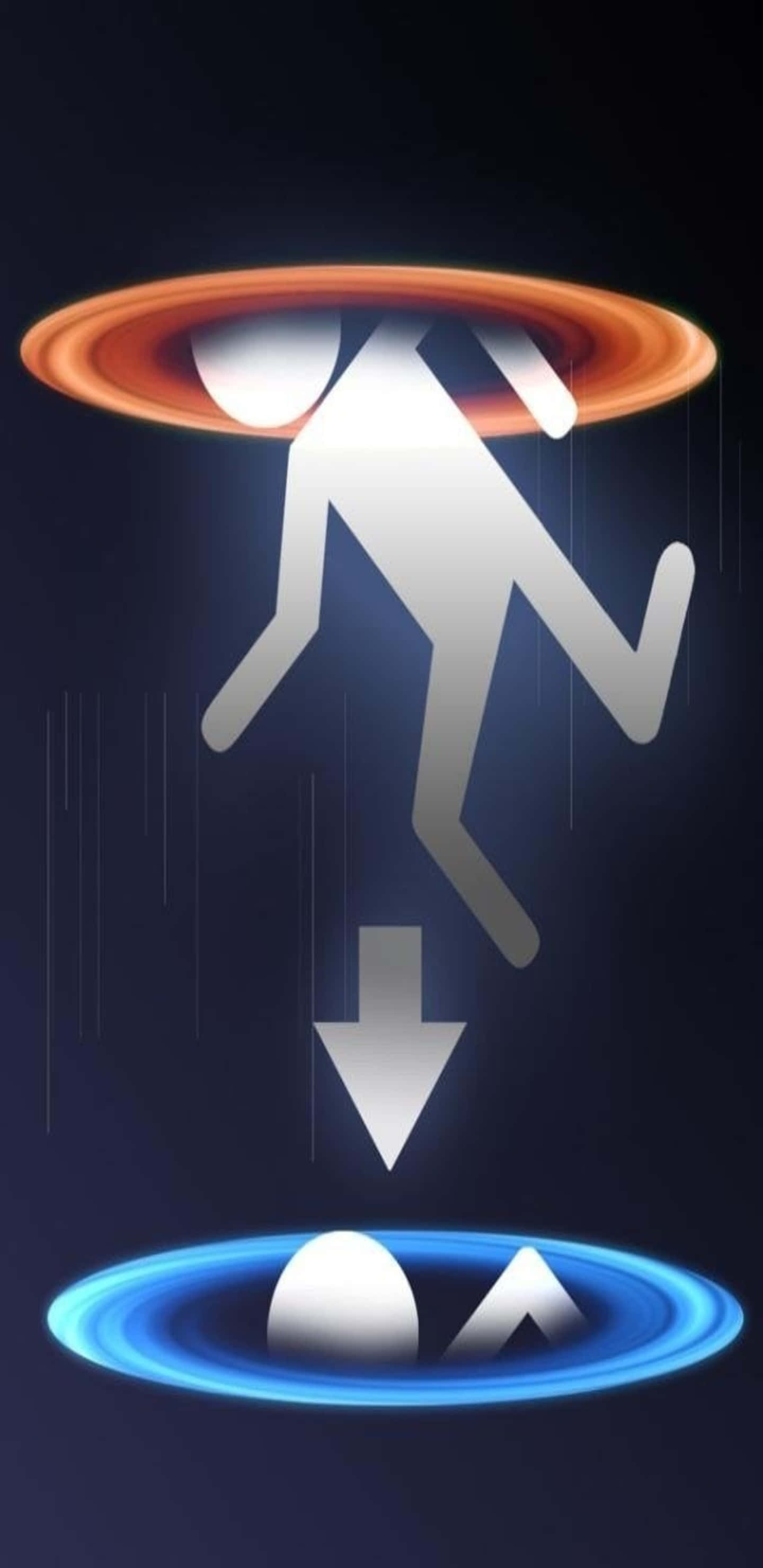 在 Pixel 3XL 上遊玩科幻經典《Portal 2》 壁紙 — 一個發光的白色火柴人穿過一個火熱的橙色圓環，掉向一個帶有向下箭頭的藍色圓環。