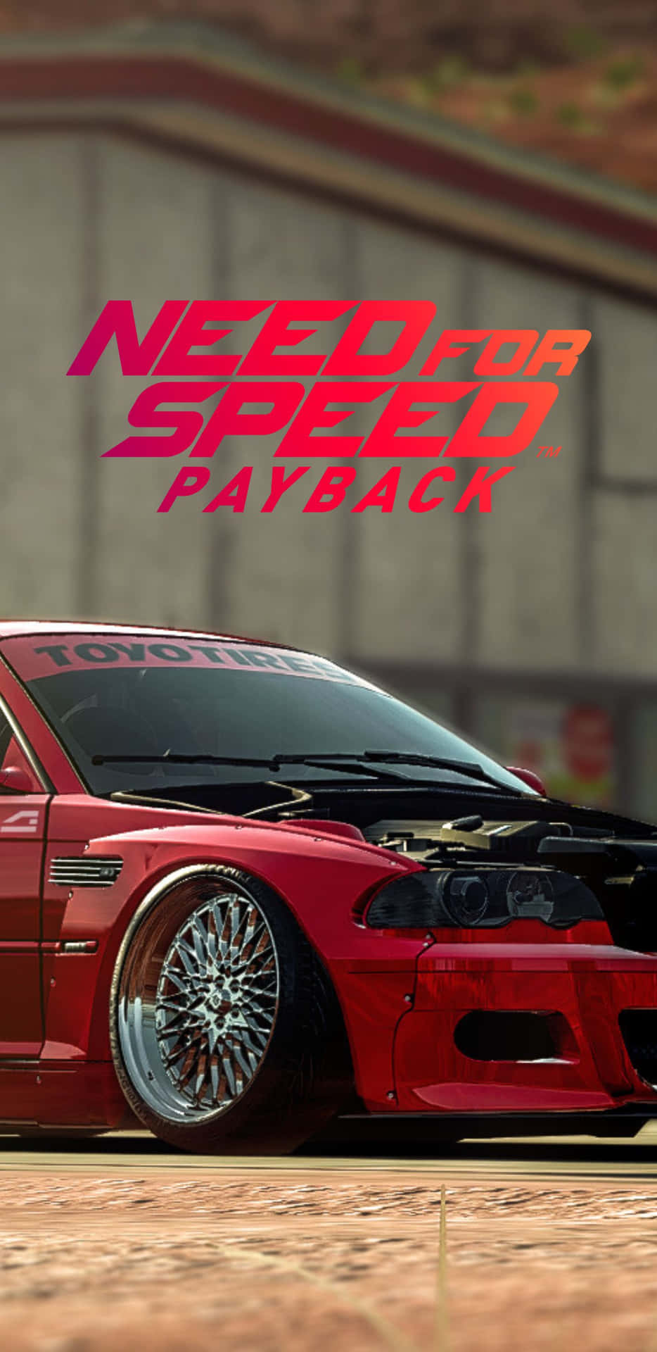 紅色賽車，引擎蓋打開，建築物上有『Need for Speed Payback』標誌。