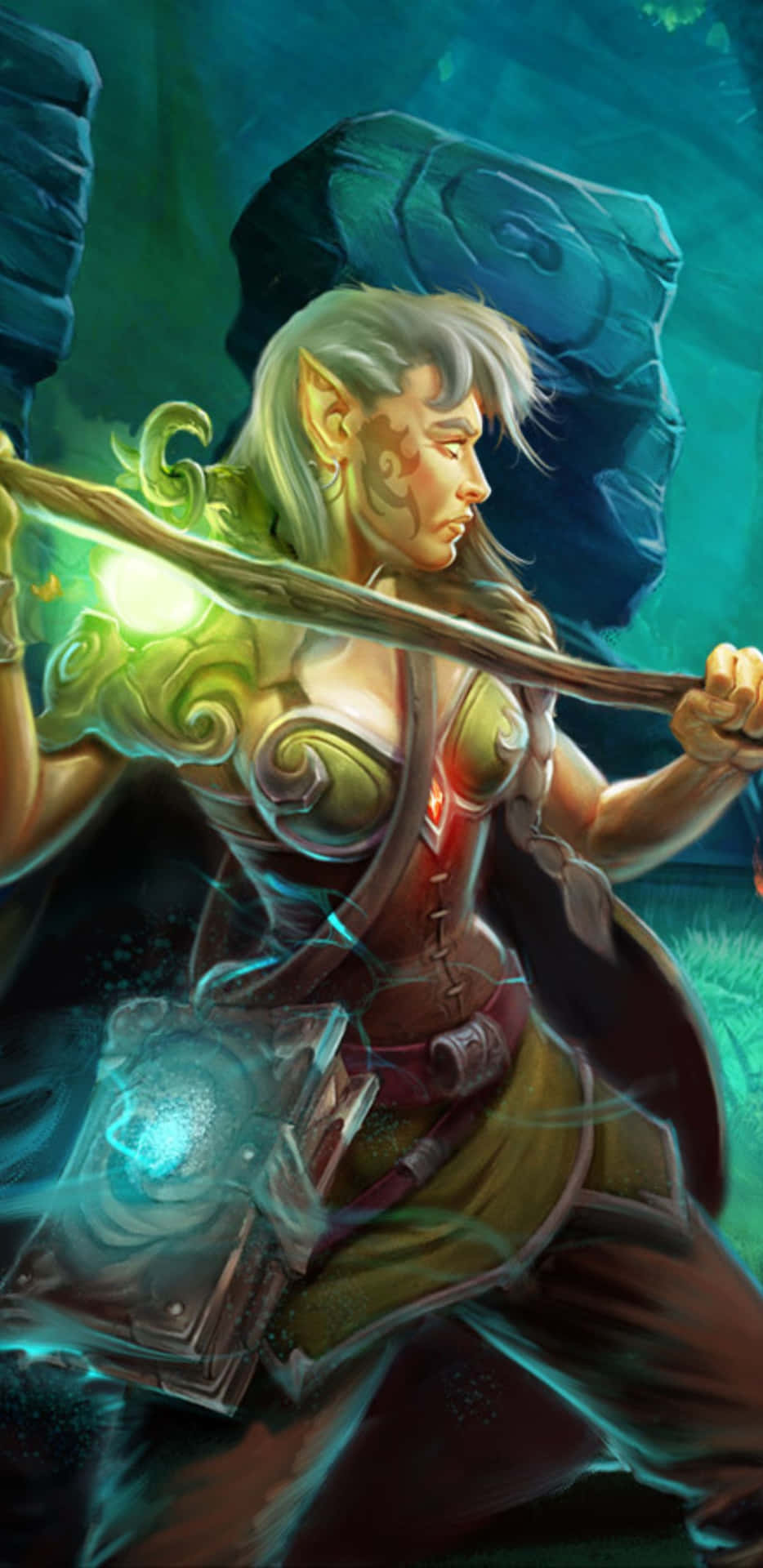 精靈戰士在暮色森林中施展綠色魔法。