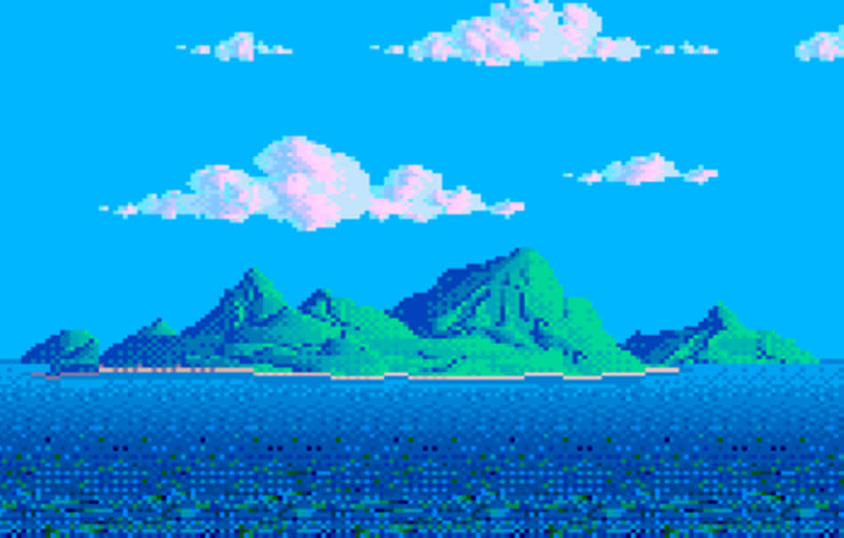 像素藝術場景，藍色海洋中的綠色島嶼，天空有粉紅色的雲。