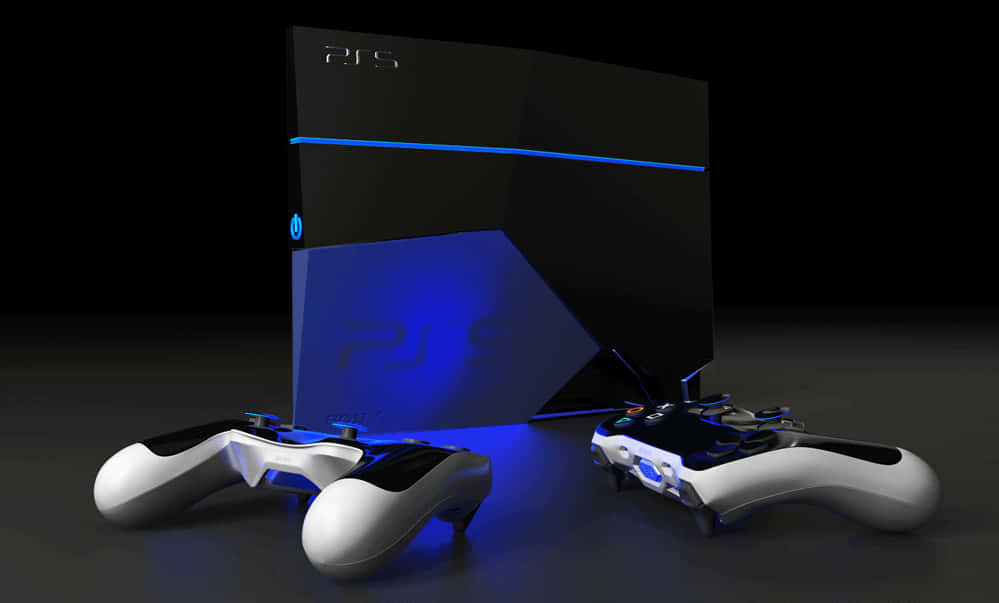 在 PlayStation 5 上體驗遊戲的未來 壁紙 — 一部時尚的黑色PlayStation 5主機，帶有發光的藍色燈光和兩個控制器，放置在深色表面上。