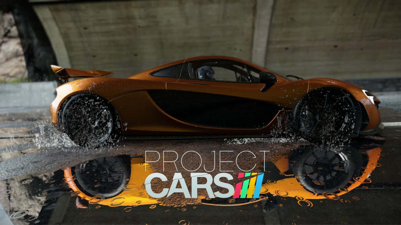 在 Project Cars 中享受驚艷駕駛 壁紙 — 一輛光亮的青銅色跑車在混凝土天橋下的水坑中飛馳，濺起水花，倒影在下方閃爍。