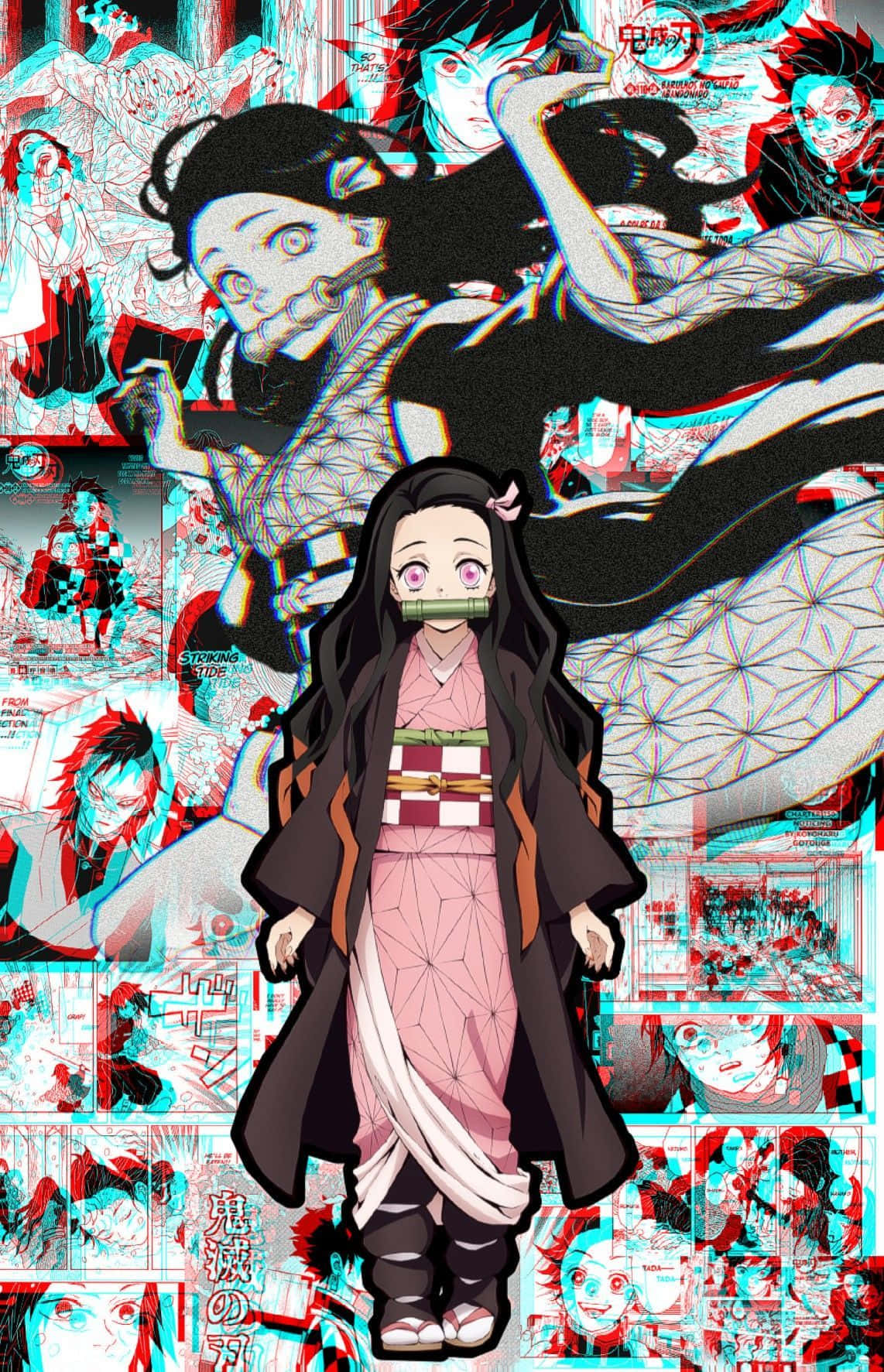 身穿粉紅色和服的動漫女孩，嘴含竹筒，被漫畫面板和故障效果包圍。