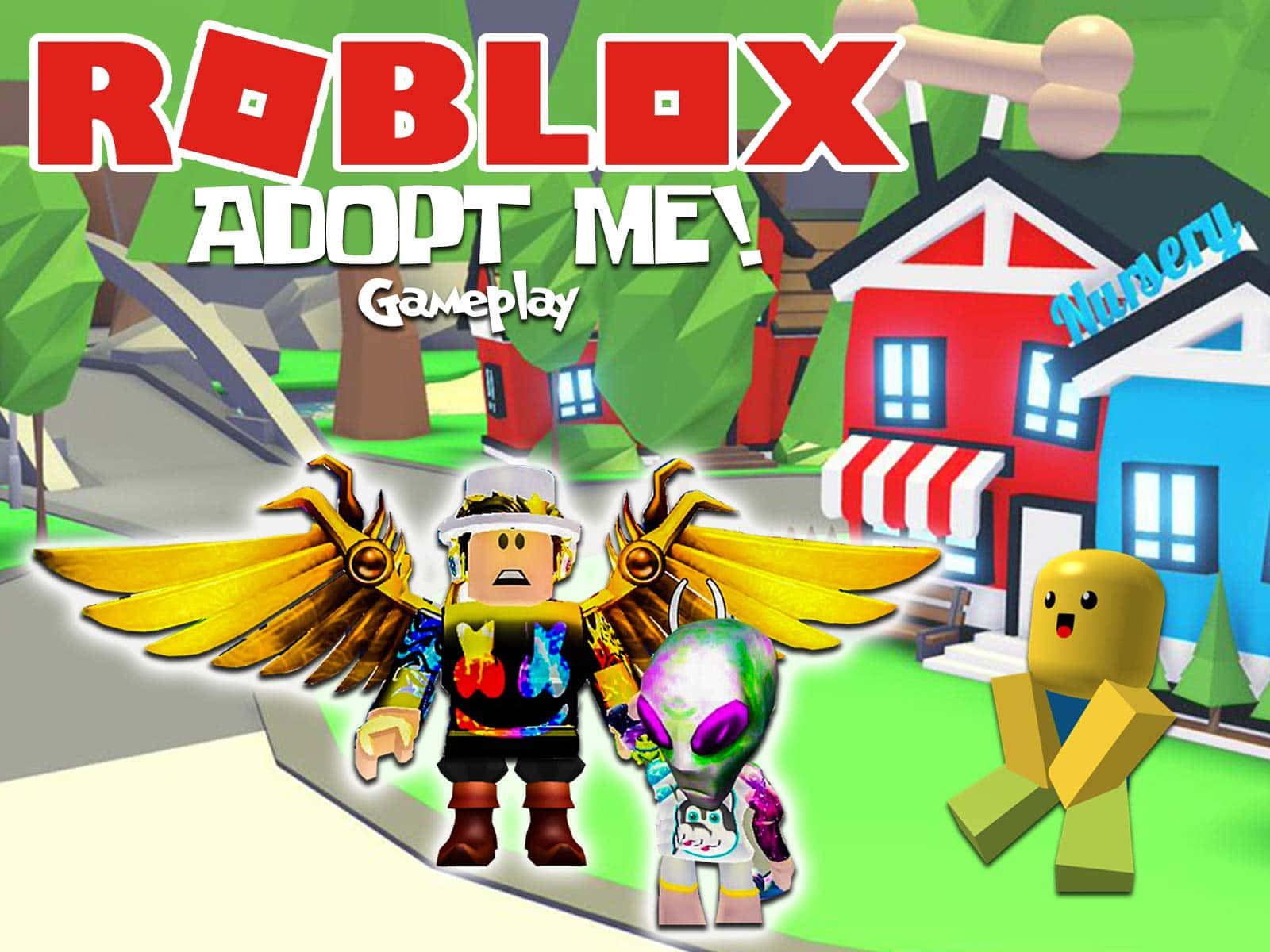 Roblox Adopt Me! 角色擁有金色翅膀和外星寵物，靠近托兒所建築。