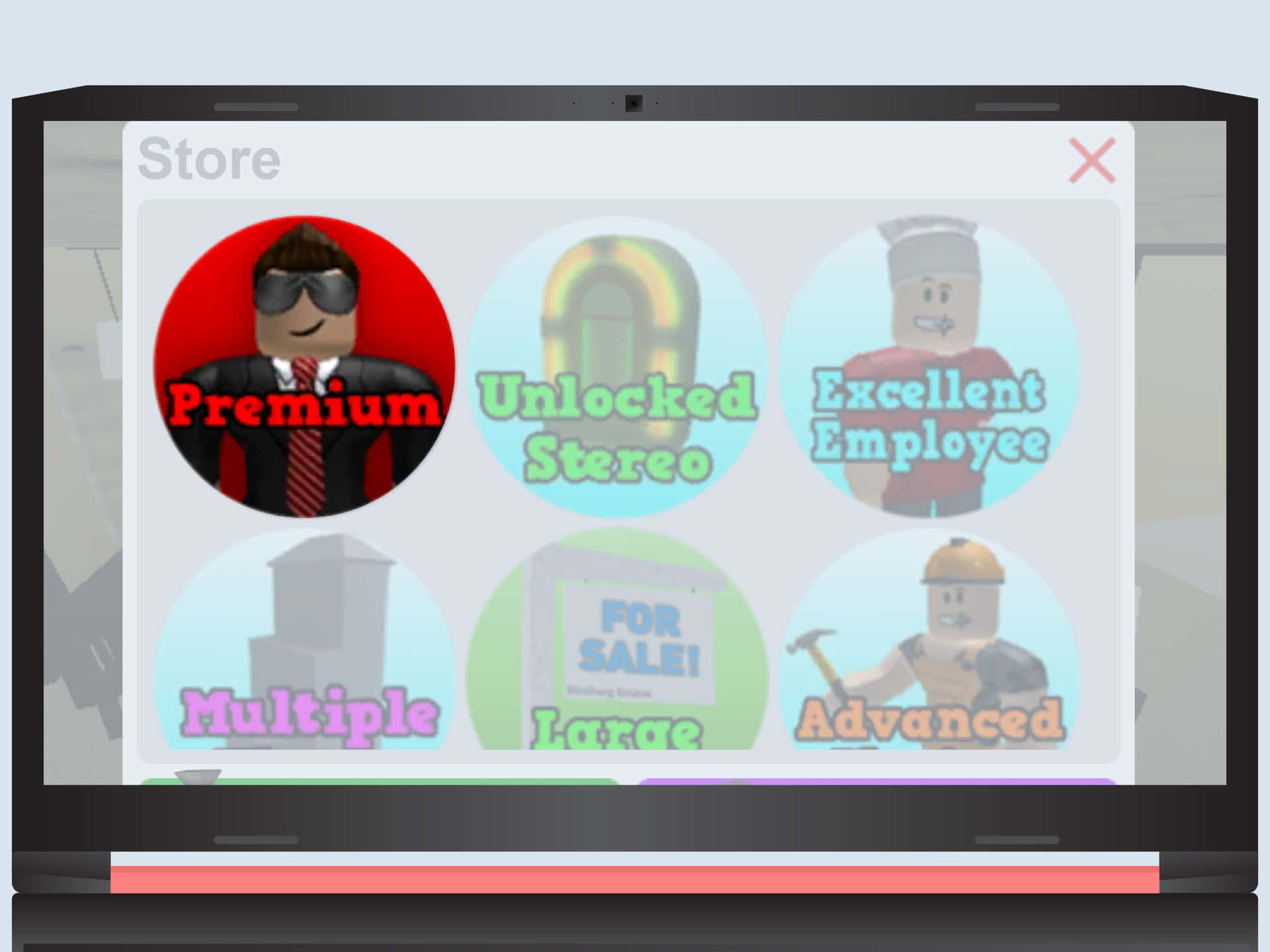 手提電腦顯示 Roblox 商店及頭像和物品圖標。