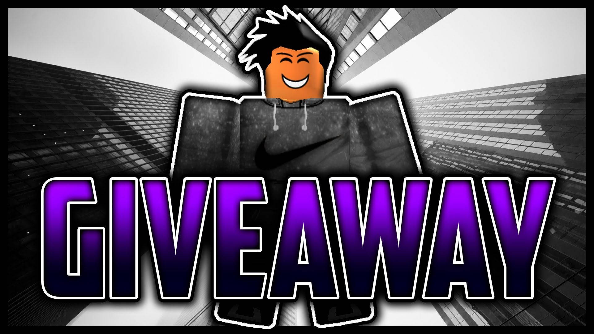 Roblox 角色穿著連帽衫，以城市為背景，帶有紫色 giveaway 文字。