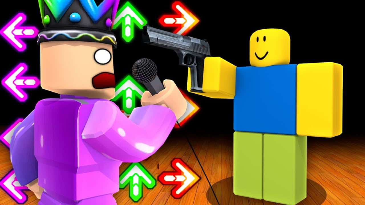 在 Roblox 中享受新手遊戲樂趣！ 壁紙 — 兩個方塊風格的 Roblox 角色，一個紫色拿著咪高峰和槍，另一個藍黃色微笑，周圍有發光箭頭，在木地板上。