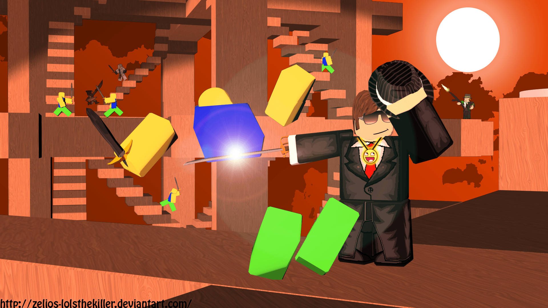穿著西裝的Roblox角色在方塊狀的遊戲世界日落中，用發光的劍戰鬥。