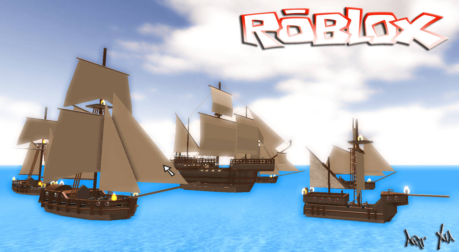 三艘 Roblox 風格的海盜船在多雲的天空下航行於藍色水面。