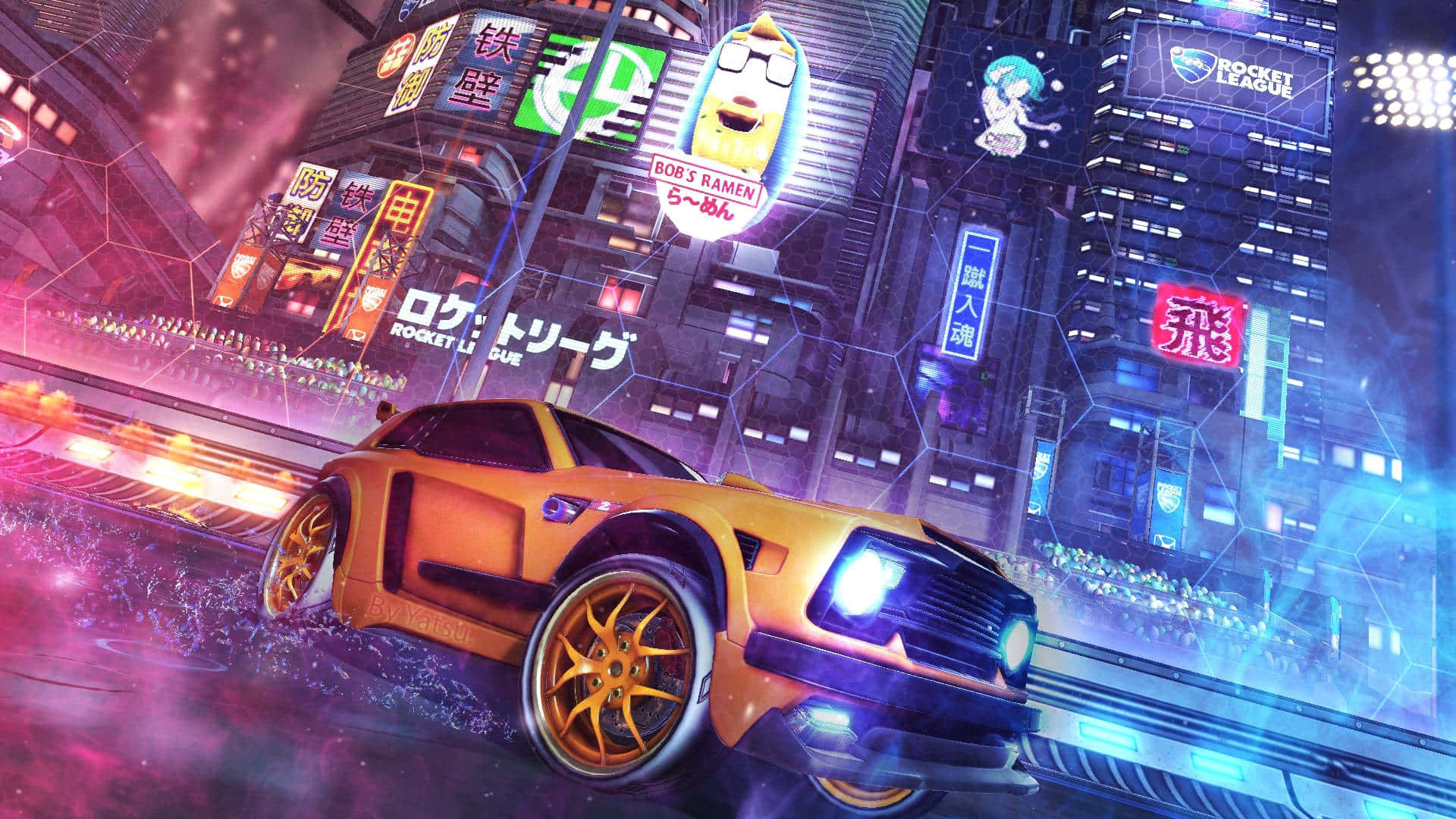 在 Rocket League 中突破障礙 壁紙 — 一輛充滿活力的橙色跑車在夜晚穿過霓虹燈閃爍的賽博朋克城市景觀，周圍有發光的廣告牌和雨水濕滑的街道。