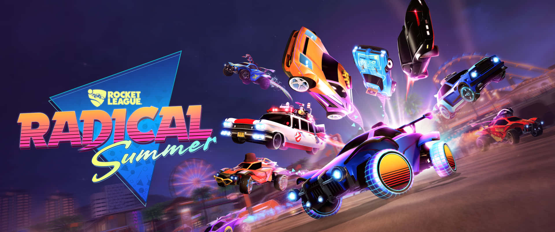 夜間Rocket League Radical Summer遊戲中，霓虹車在空中飛翔。