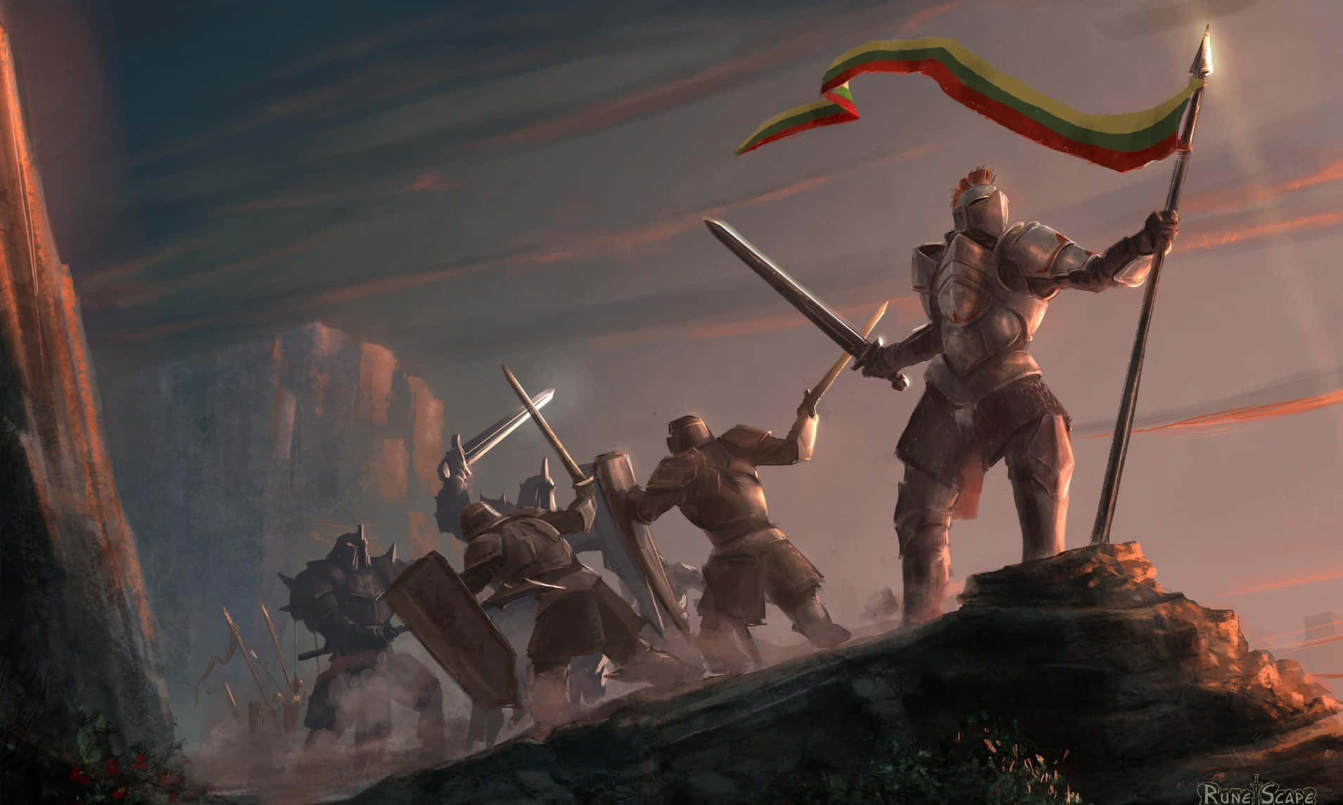 在《Runescape》經典版中提升等級，體驗壯闊冒險 壁紙 — 一位身穿閃亮盔甲的騎士站在岩石峭壁上，手持旗幟和劍，而他的戰友們在下方戲劇性的日落戰鬥場景中奮戰。