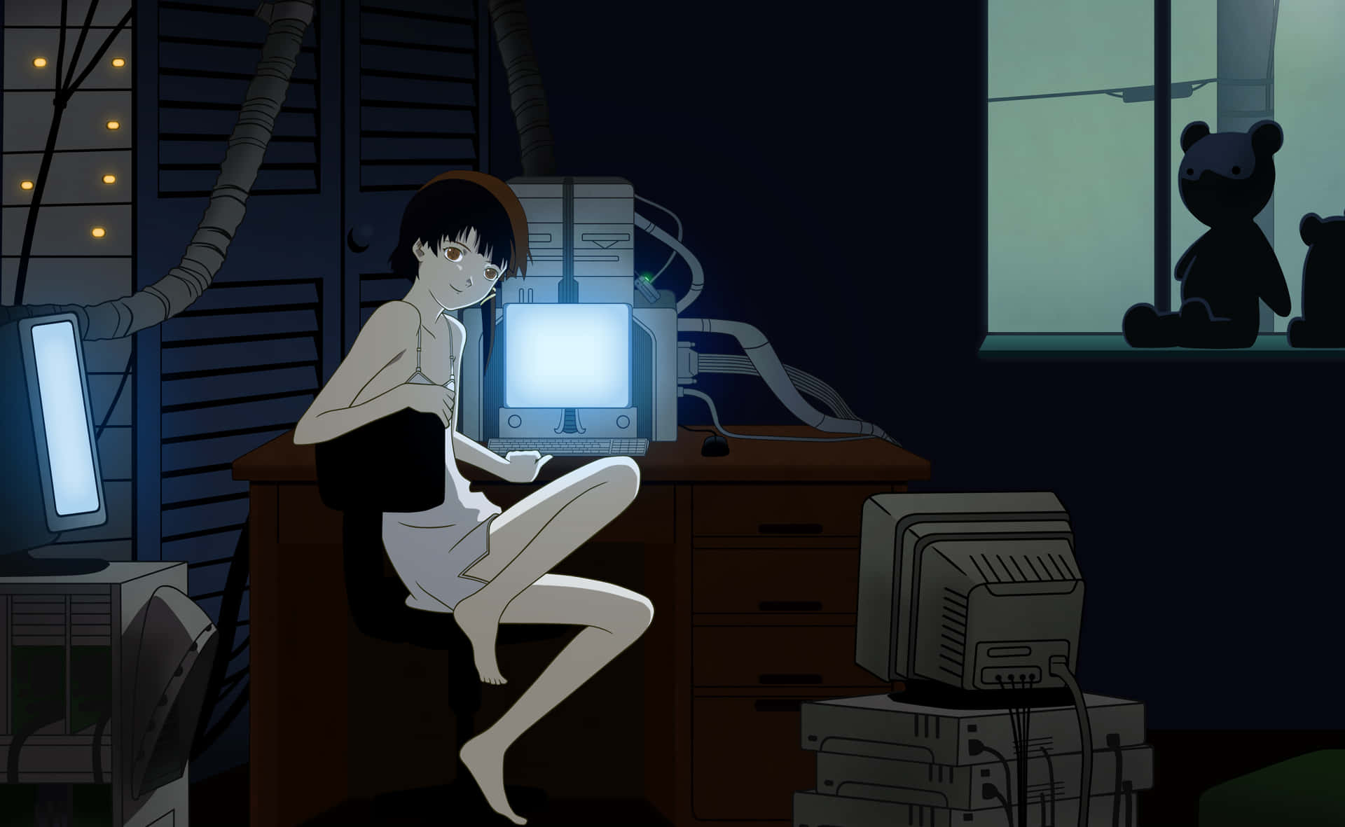 動漫女孩在電腦桌前，房間黑暗，屏幕發光，窗邊有泰迪熊。