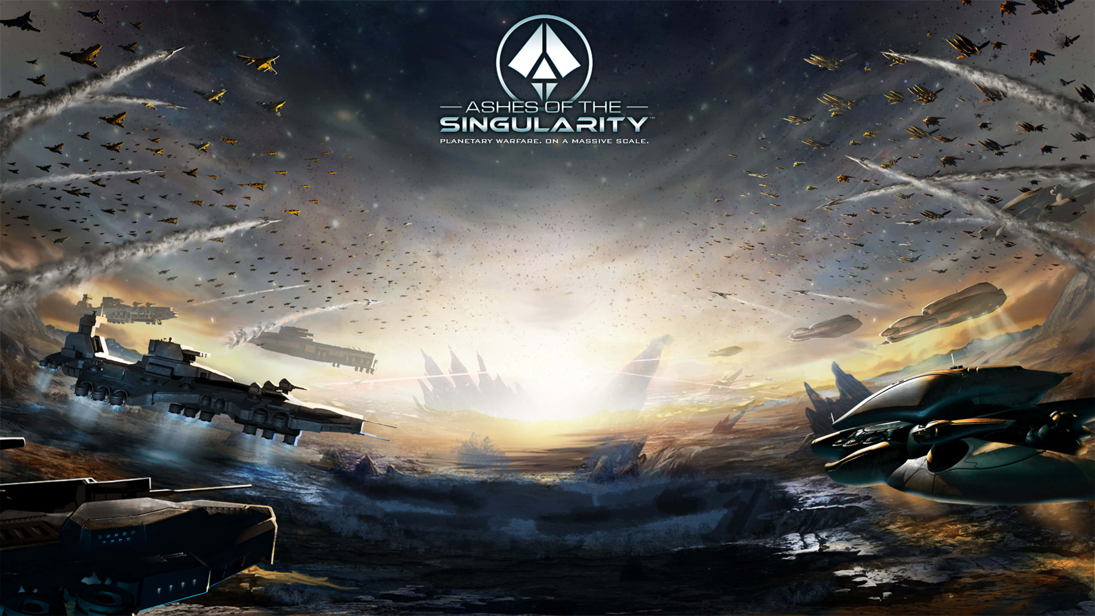 在《Singularity: Escalation》中展開戰爭 壁紙 — 巨大的未來戰艦和戰鬥機在荒涼行星表面上的暴風雨外星天空中戰鬥。