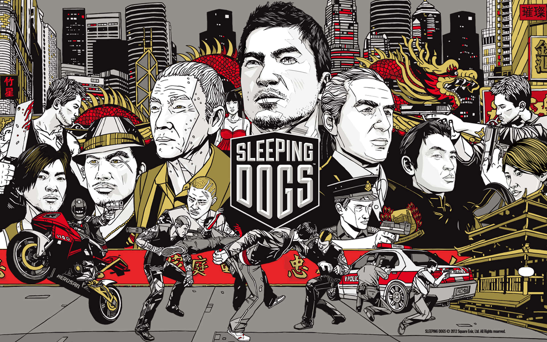 《Sleeping Dogs》遊戲海報，角色身處香港街頭動作場景。