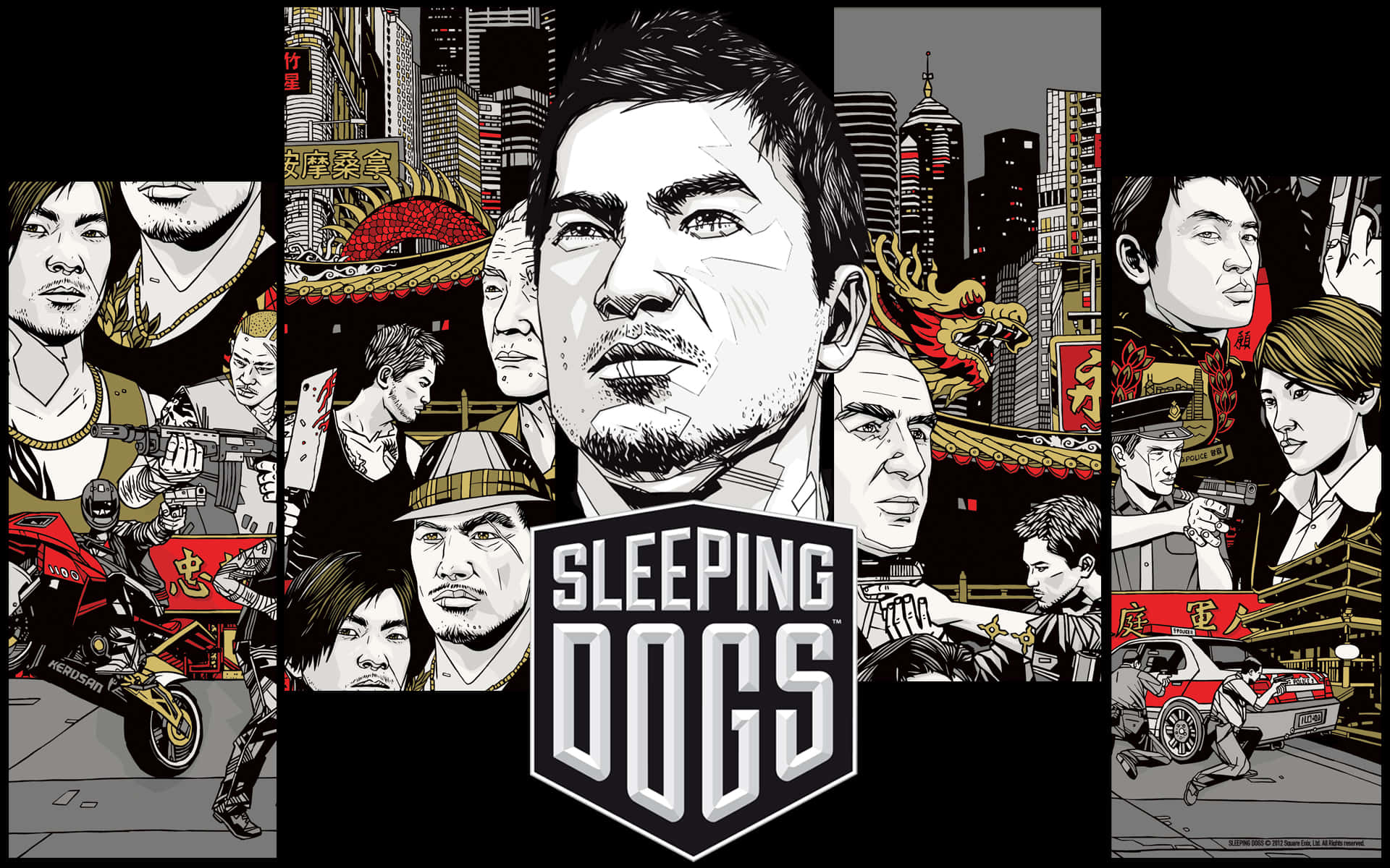 在《Sleeping Dogs 2》中征服香港的歷史街頭 壁紙 — 《Sleeping Dogs》的風格化漫畫海報，中央男性主角被摩托車、警察追逐及亞洲城市景觀元素包圍的都市動作場景。