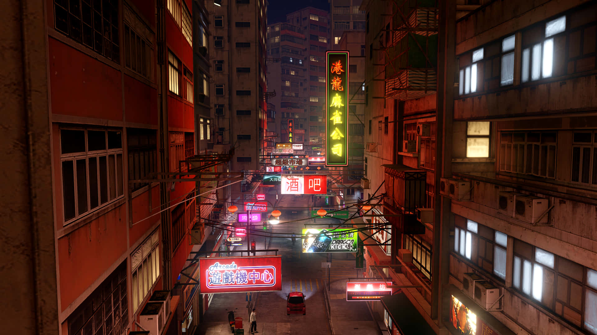 在《Sleeping Dogs 2》中揭開香港的黑暗面 壁紙 — 夜晚一條霓虹燈照亮嘅城市小巷，有發光嘅中文字招牌同溫暖嘅橙色街燈照亮高樓大廈。